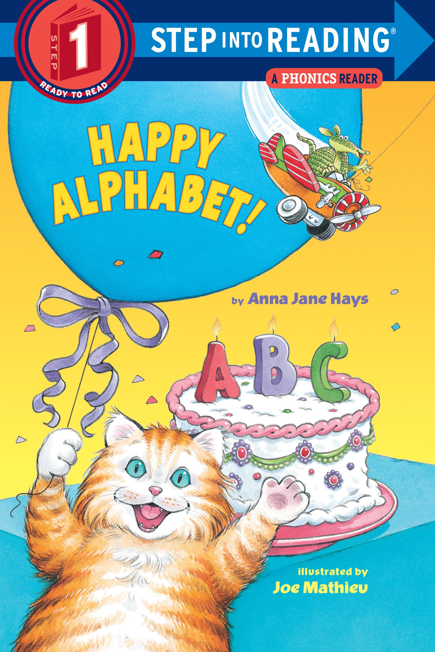 Illustrated alphabet-themed children's book cover with cat, cake, and balloon
