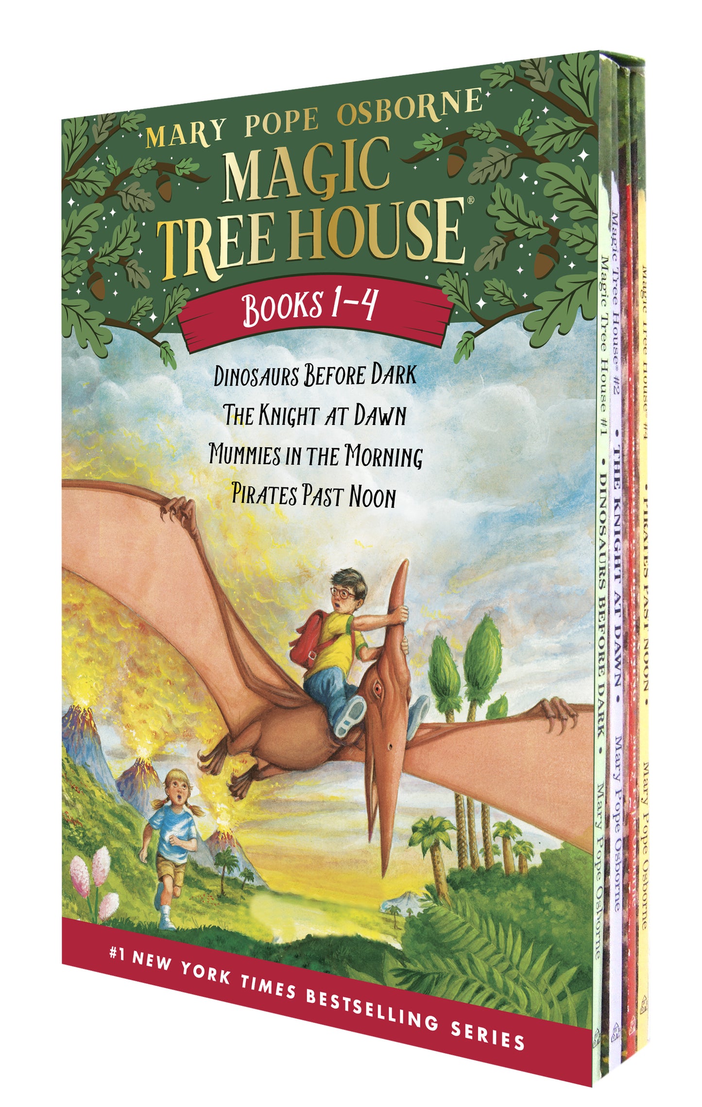Boxed set of Magic Tree House books 1-4 with illustrated cover of children riding a pteranodon.