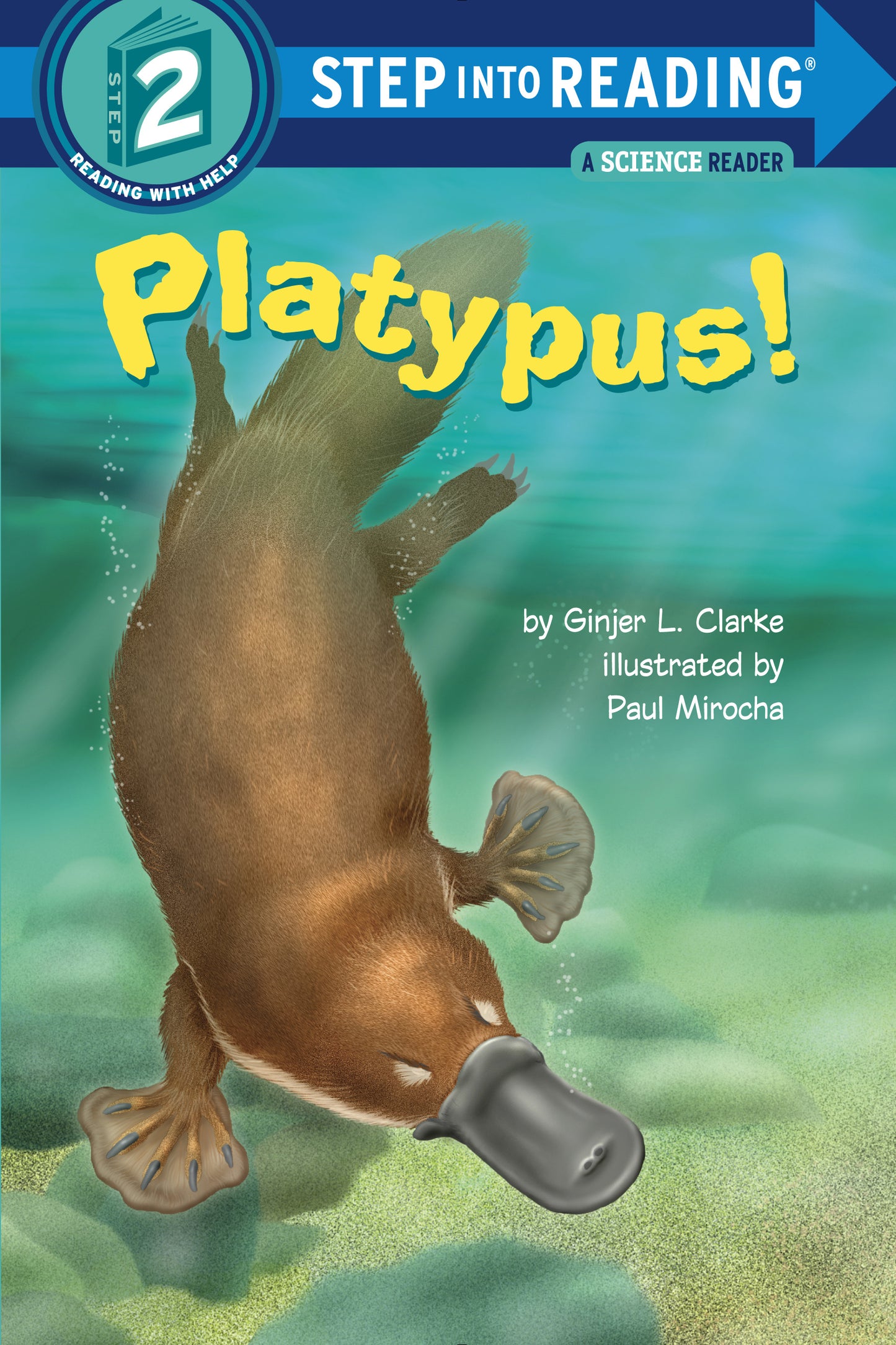 Illustrated children's book cover featuring a platypus swimming underwater