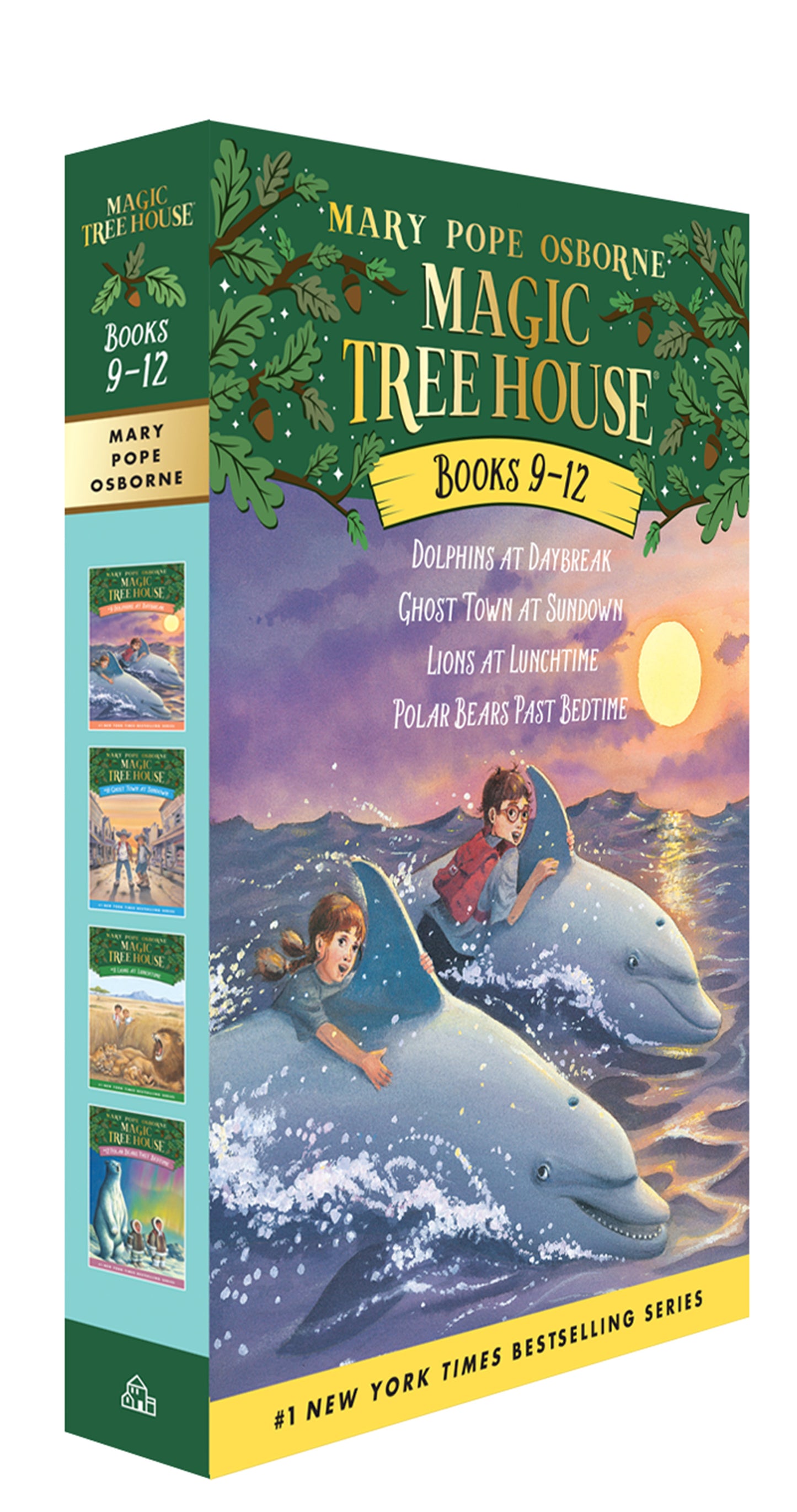 Boxed set of Magic Tree House books 9–12 with illustrated cover featuring dolphins and children