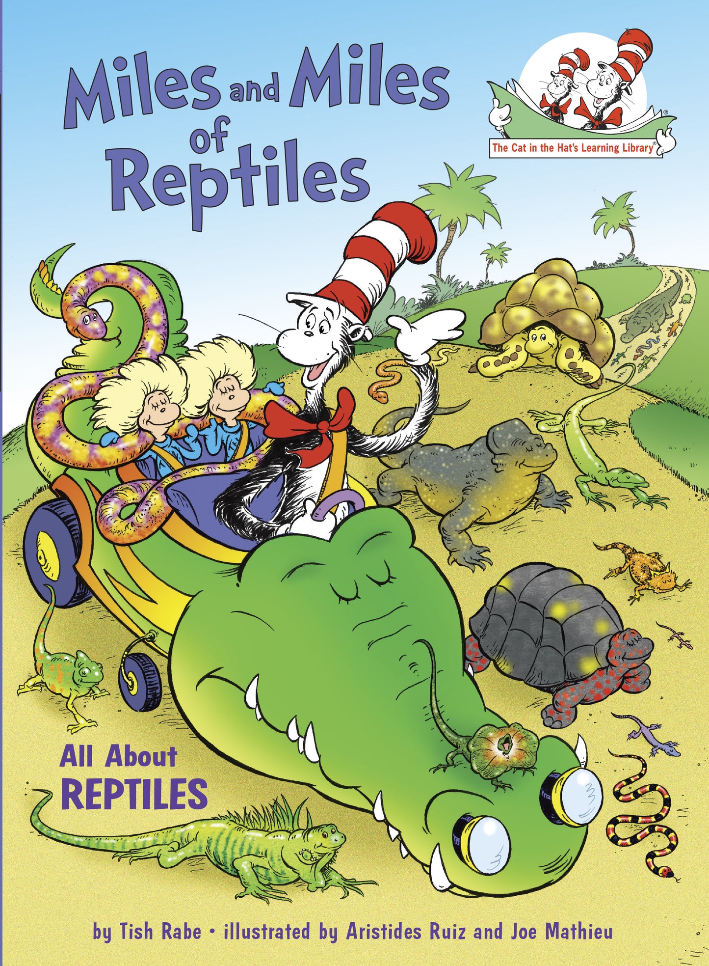 Children’s book cover with Cat in the Hat riding a crocodile car alongside various reptiles