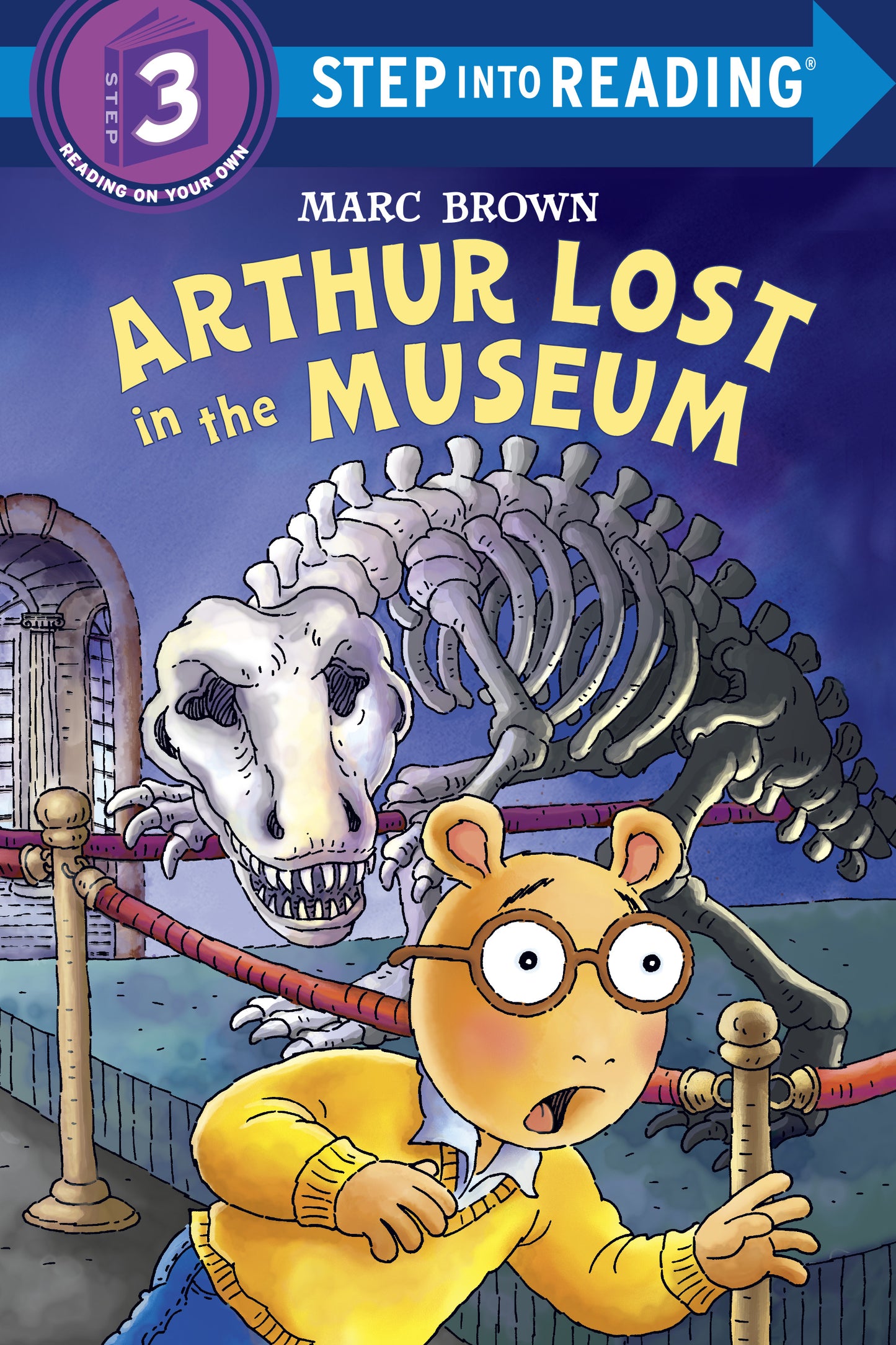 Arthur looking surprised in front of a dinosaur skeleton at a museum