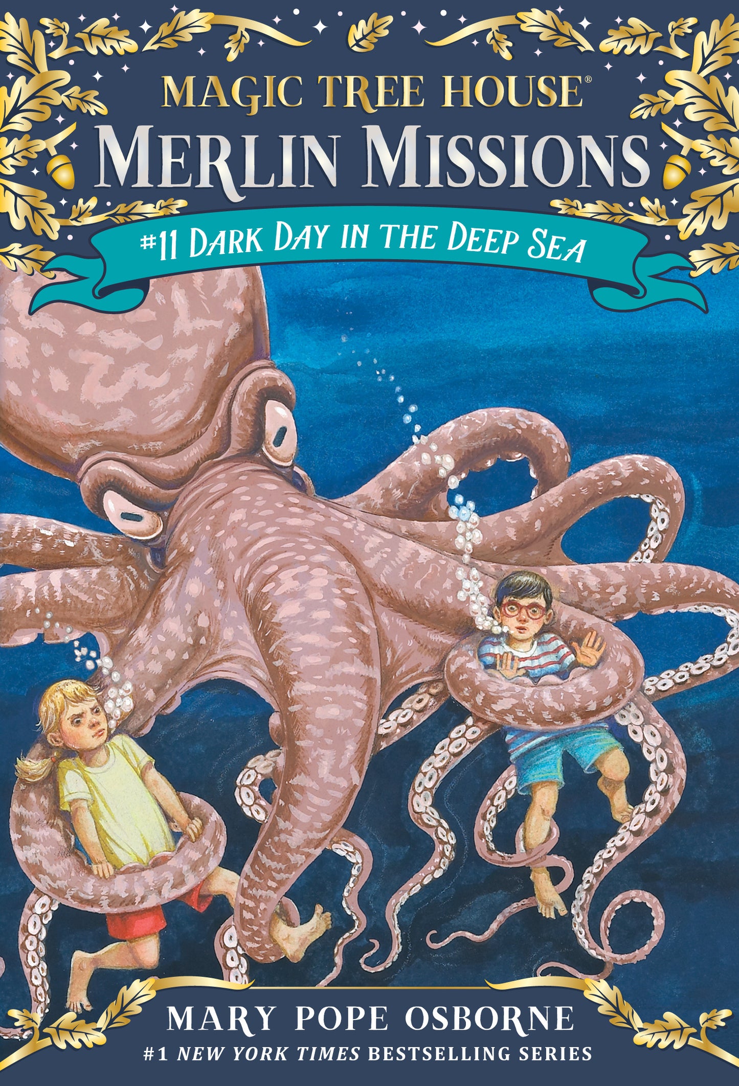 Children's chapter book cover showing an octopus wrapping around two kids underwater.