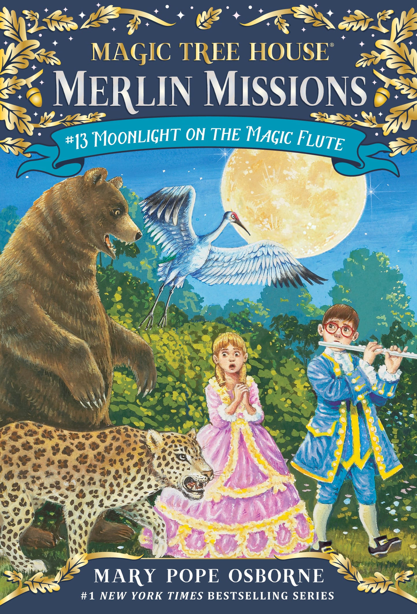 Illustrated children’s book cover with a boy playing a flute, a girl in a pink dress, and animals under the moonlight