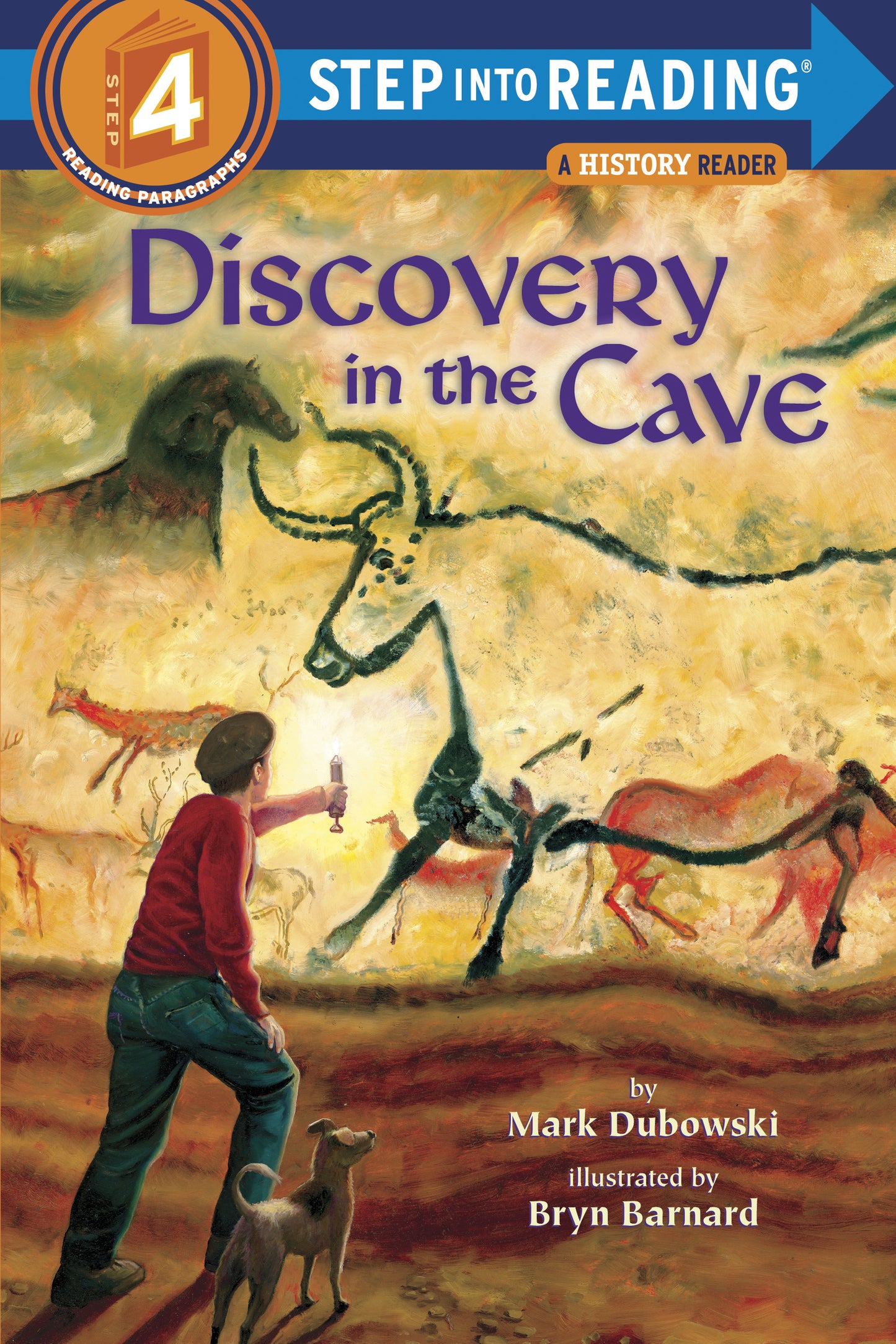 Illustrated children's book cover showing a boy and dog discovering prehistoric cave paintings