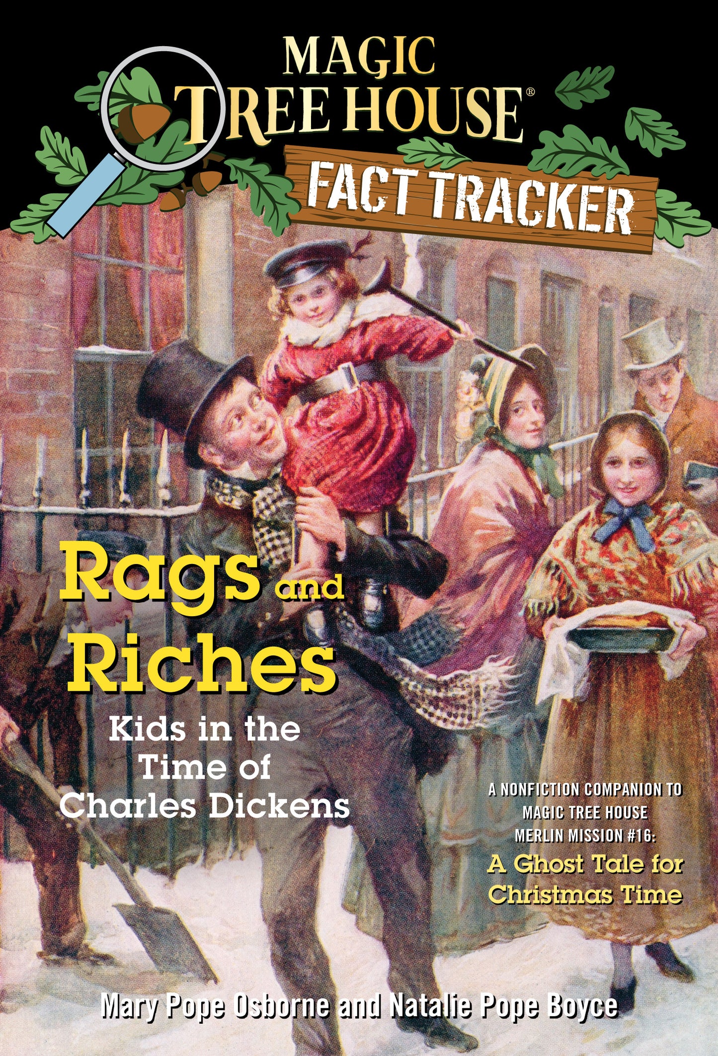 Illustrated children's book cover showing Victorian-era family in winter scene