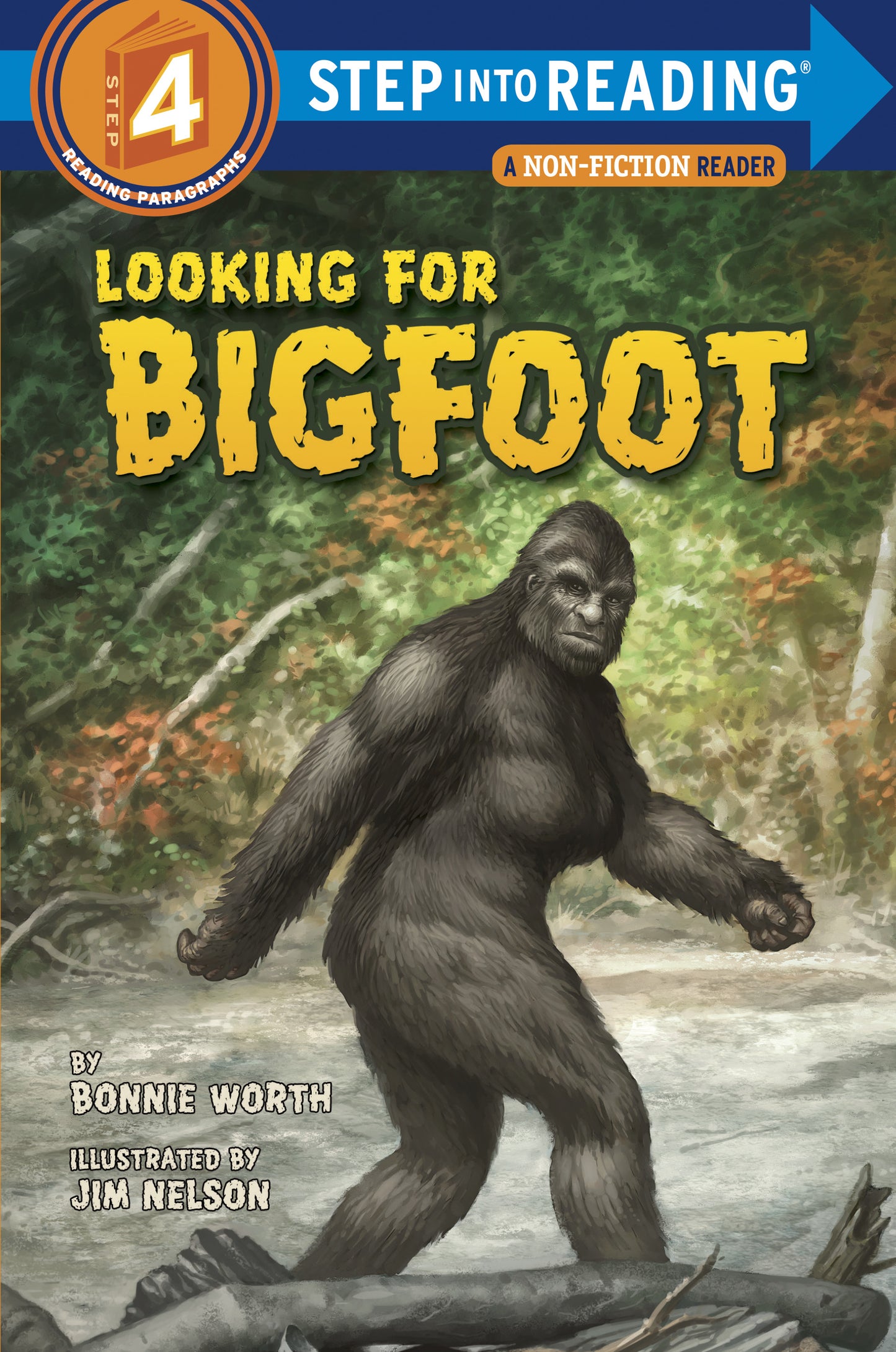 Children's nonfiction Bigfoot book cover with illustrated Sasquatch in forest
