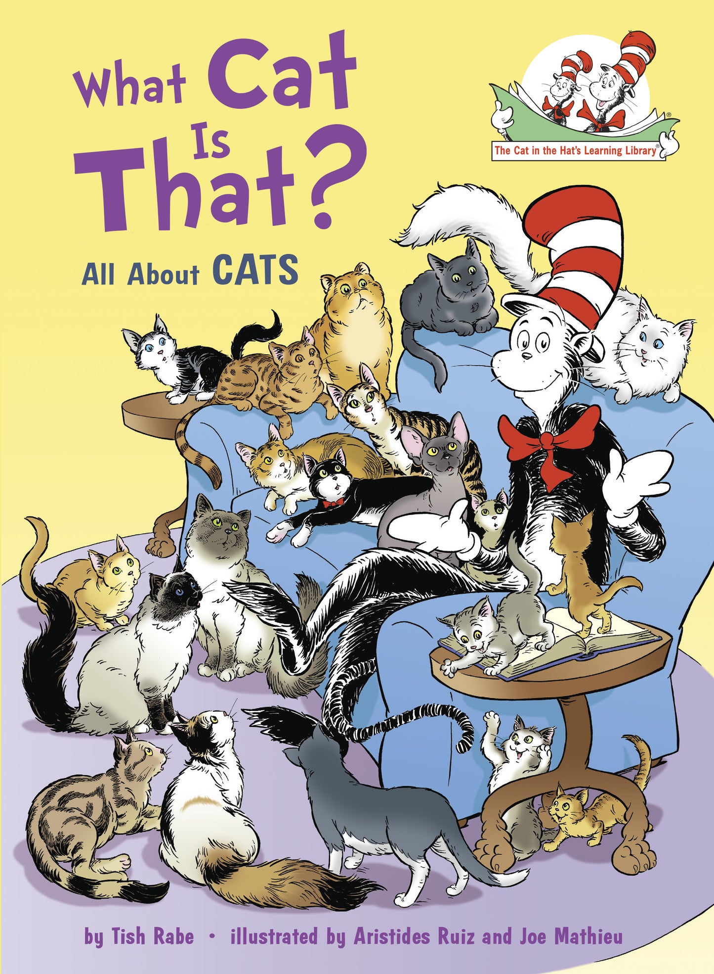 Illustrated children's book cover featuring the Cat in the Hat surrounded by various cats