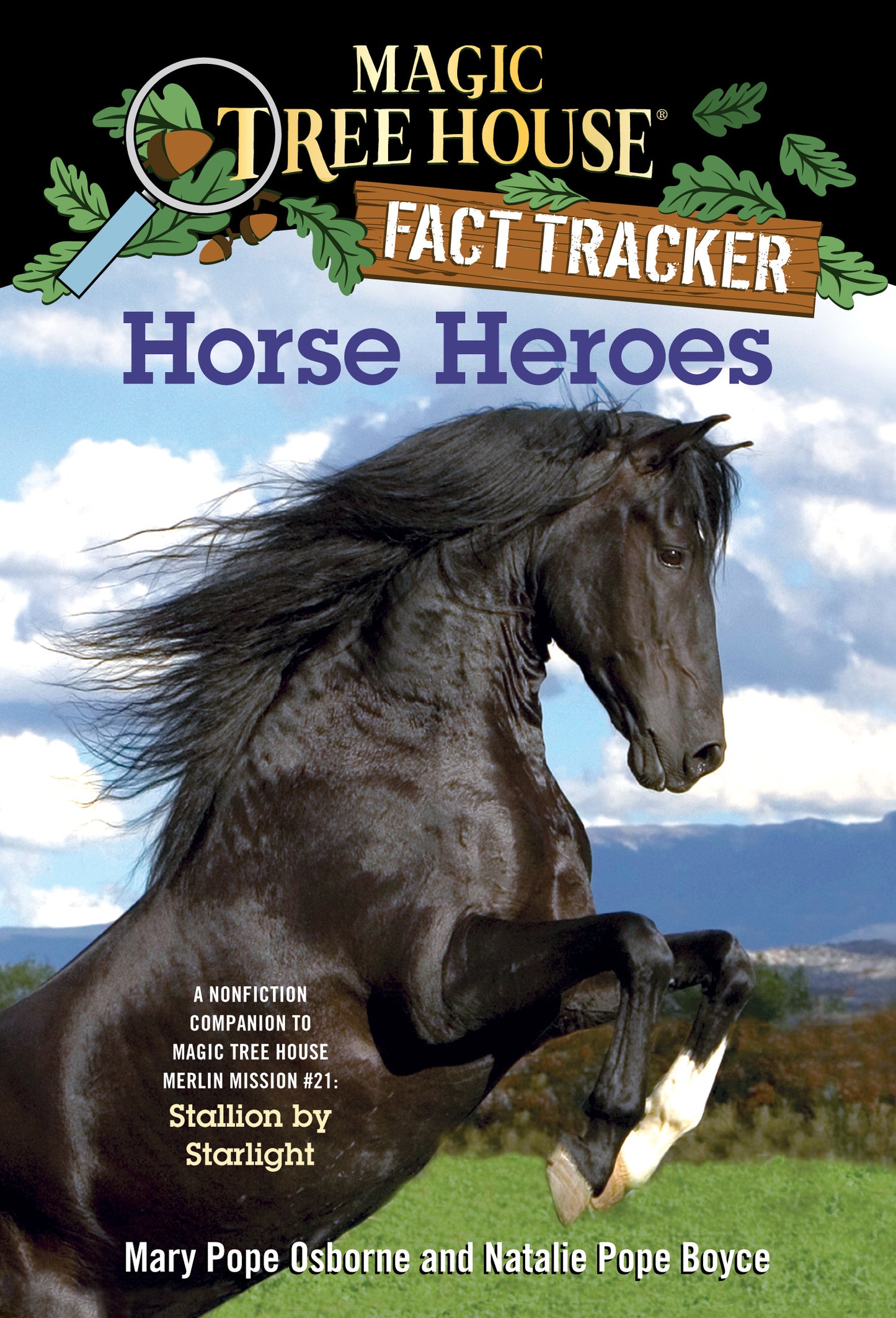 Cover of Magic Tree House Fact Tracker: Horse Heroes featuring a rearing black horse.