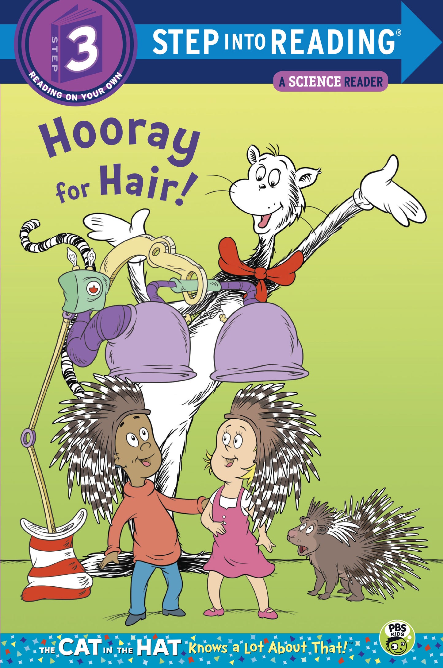 Cat in the Hat with kids trying on animal hairstyles from a machine