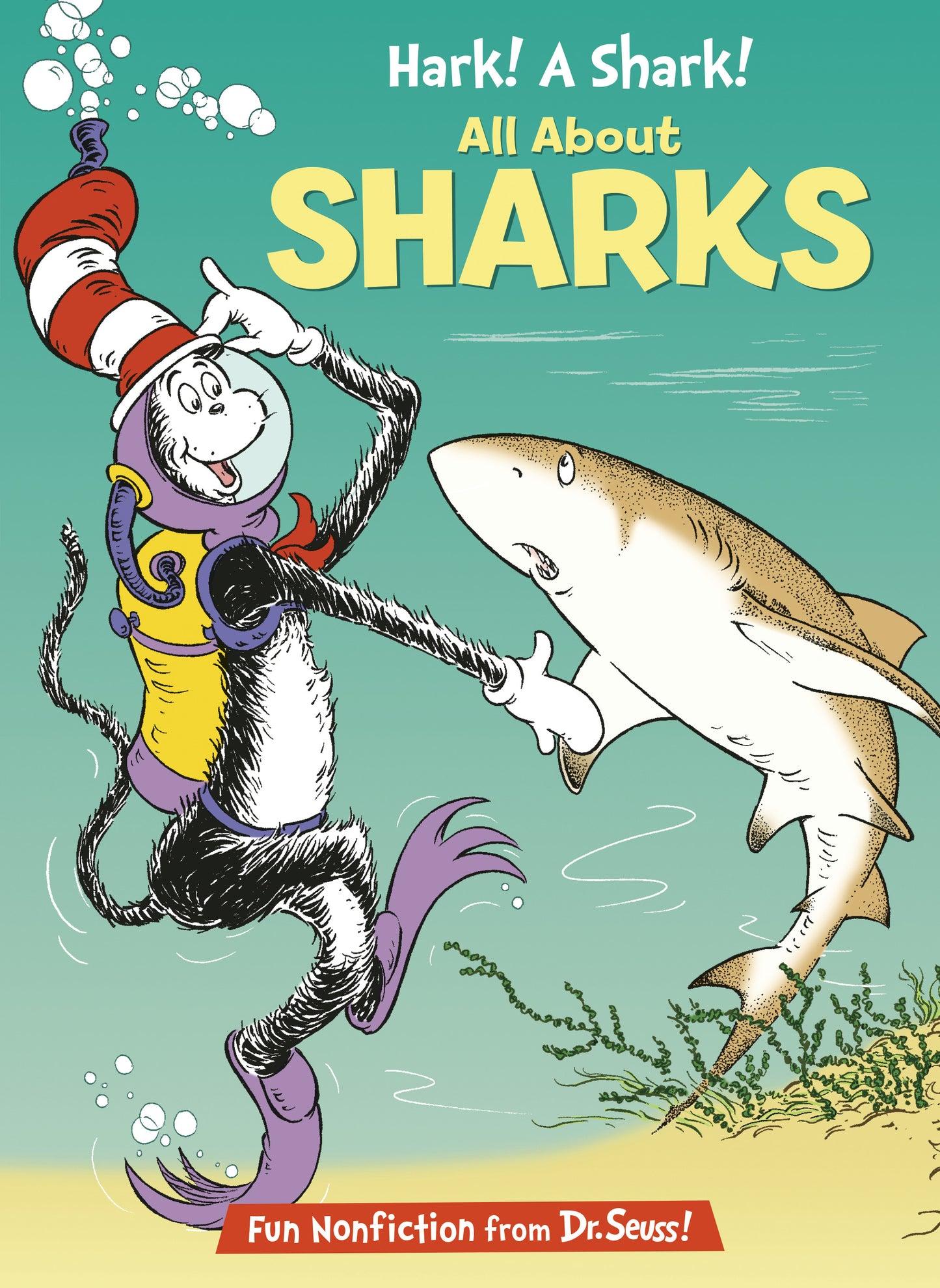 Cat in the Hat underwater with a shark, book cover art