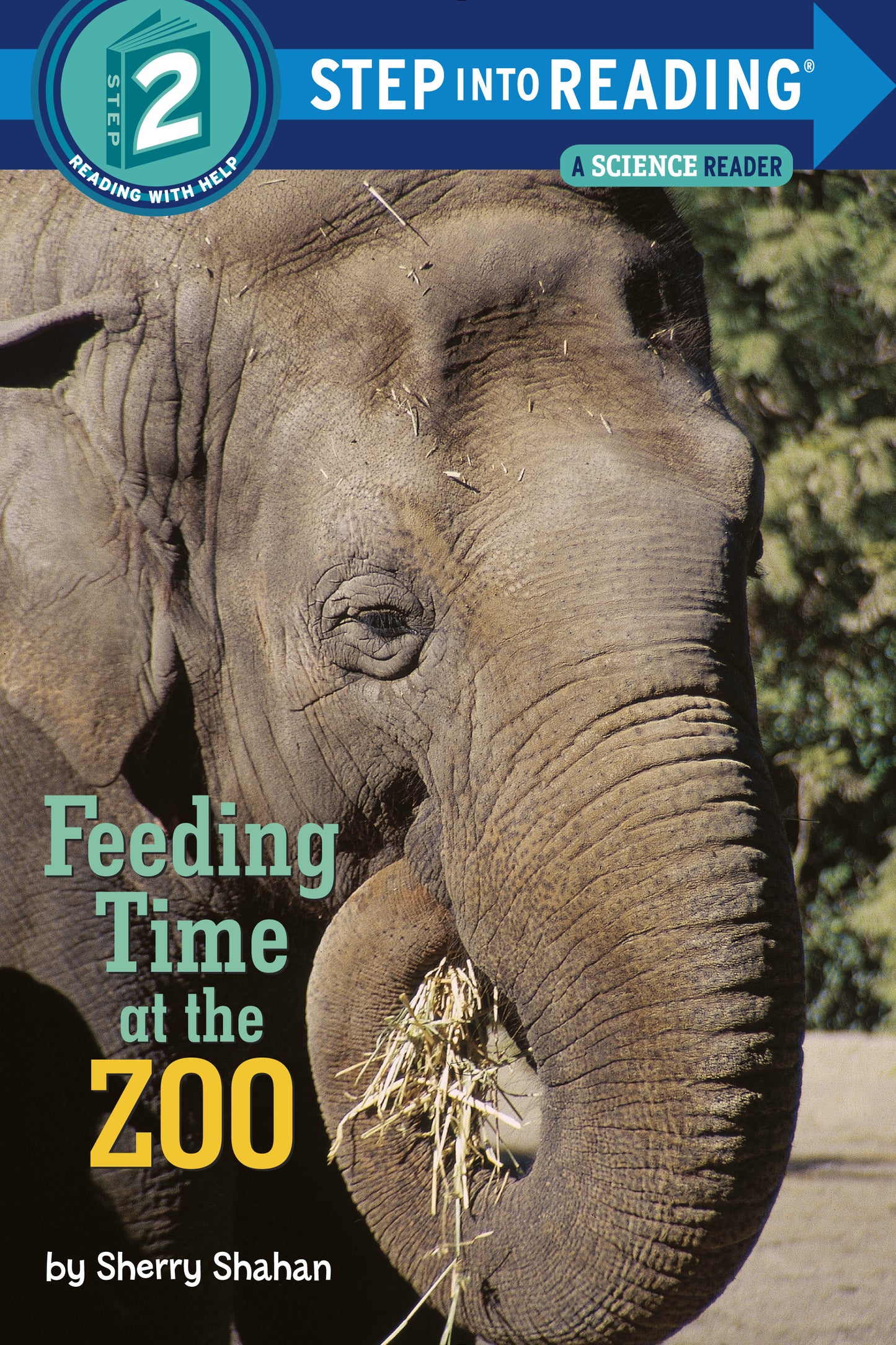 Photographic children's book cover featuring an elephant eating hay.