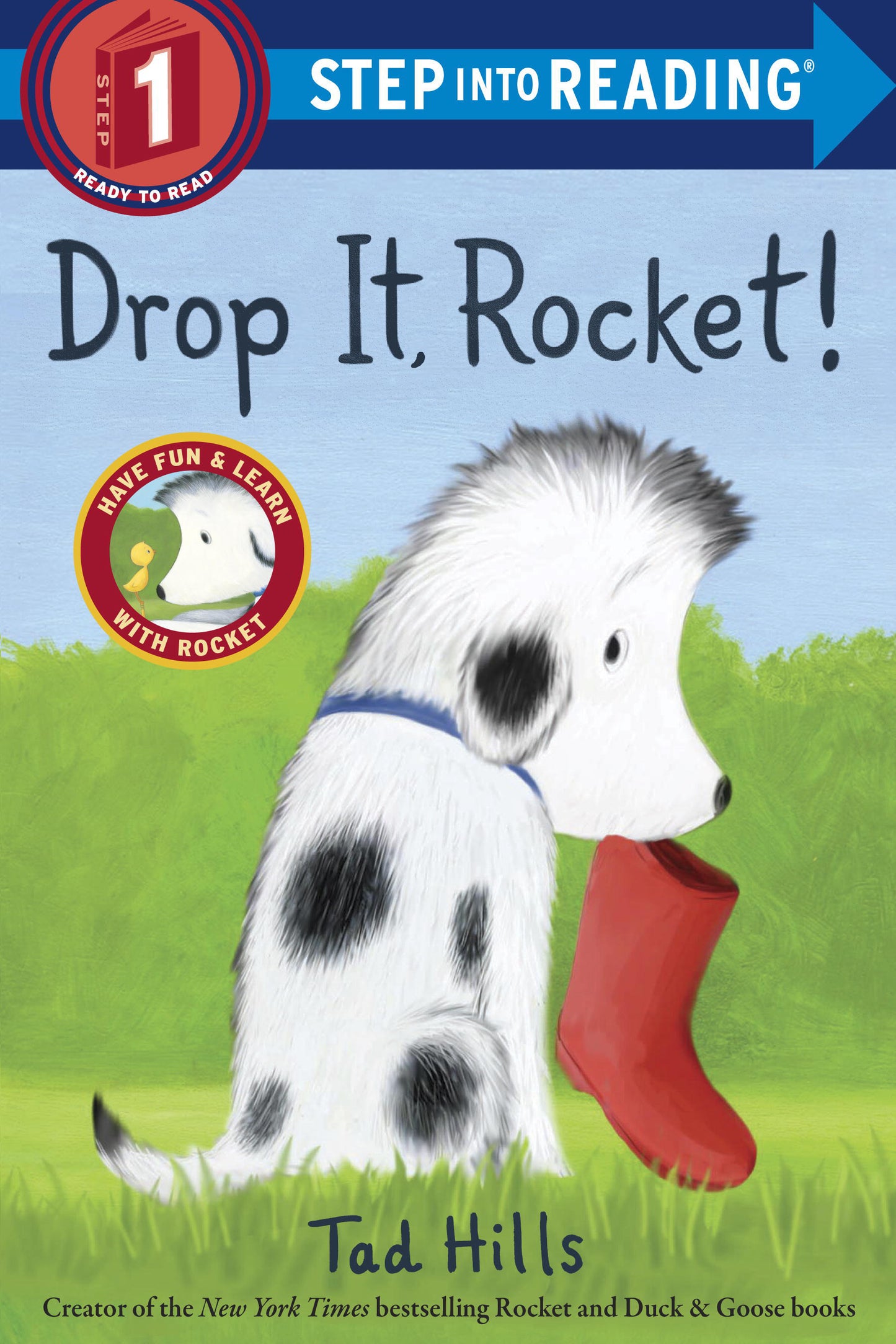 Illustrated children's book cover showing a spotted dog holding a red boot
