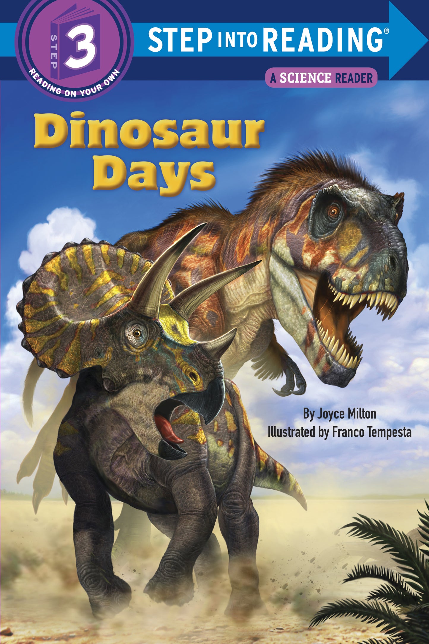 Illustrated children's dinosaur book cover featuring T. rex and Triceratops