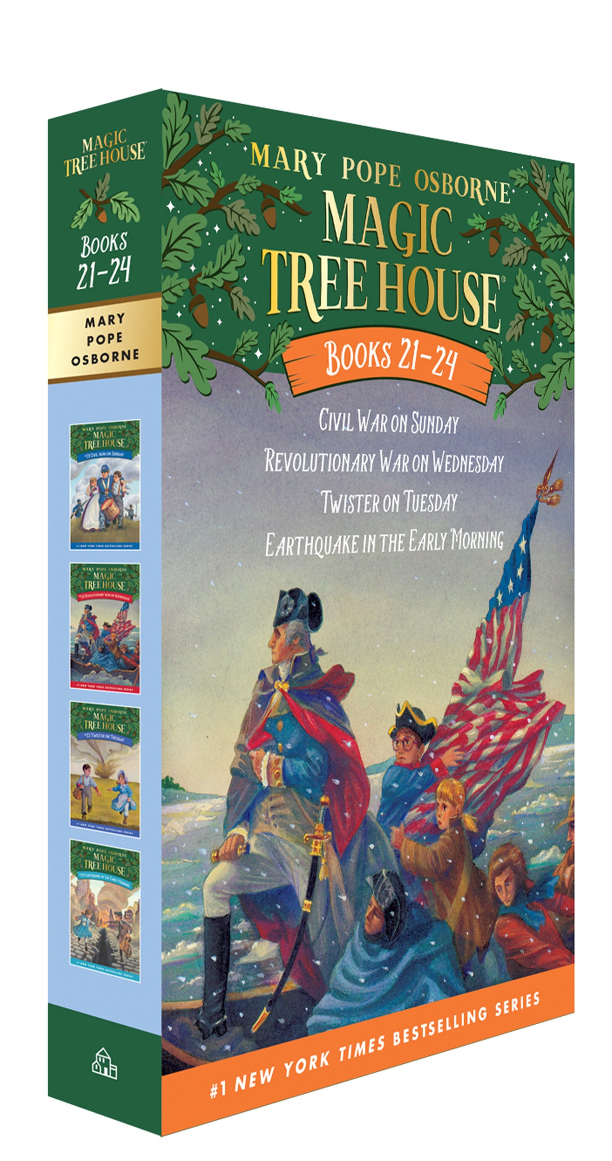 Boxed set of Magic Tree House books 21–24 with illustrated cover featuring historical scenes