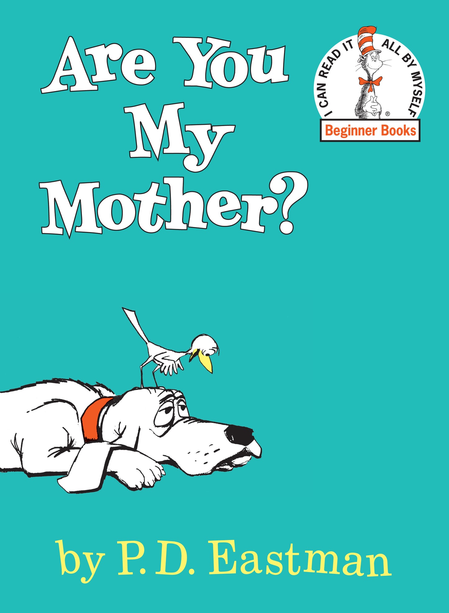 Illustrated children's book cover with a baby bird and a dog on teal background