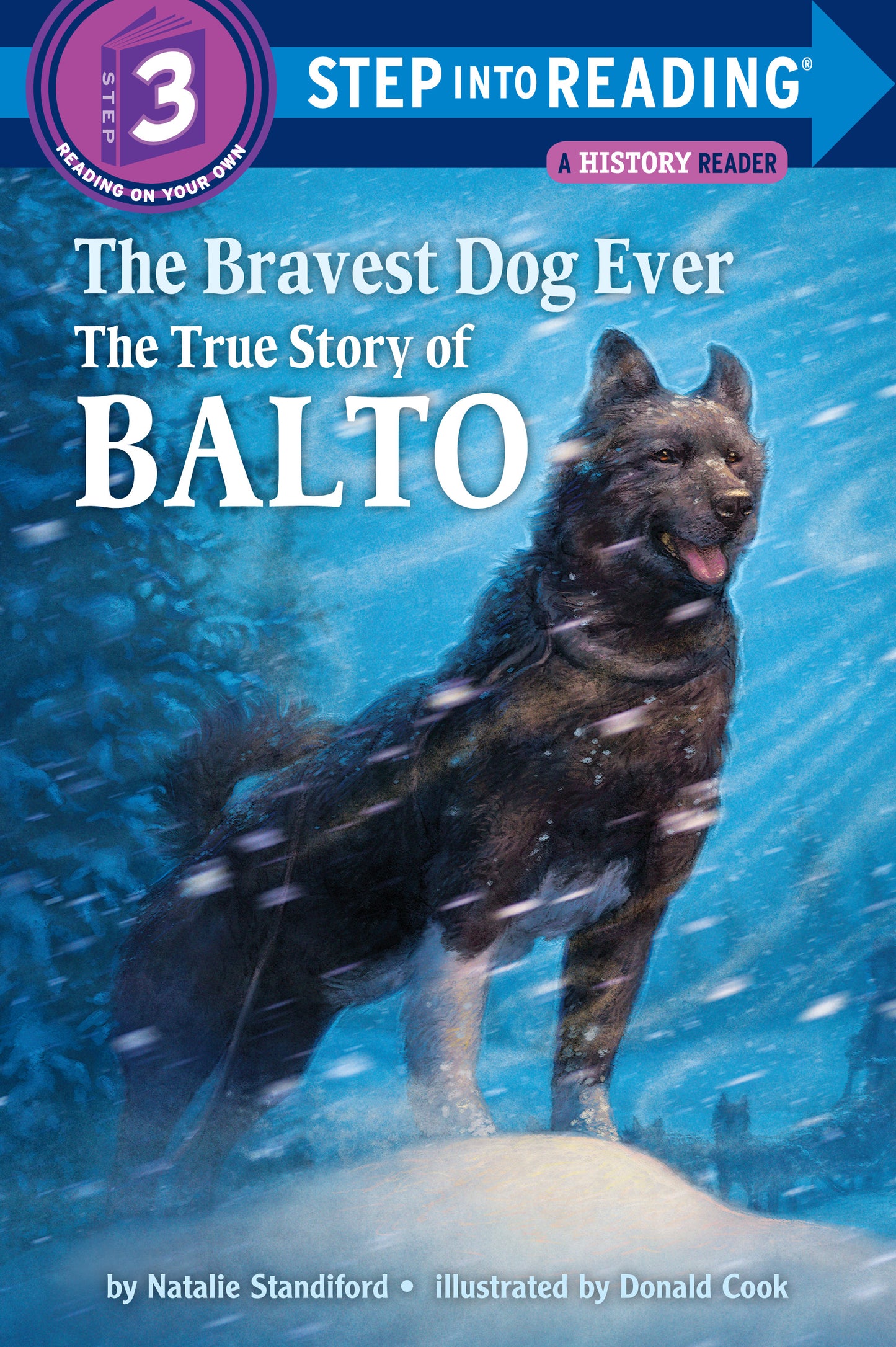 Illustrated cover of children's book featuring Balto the sled dog in a snowstorm