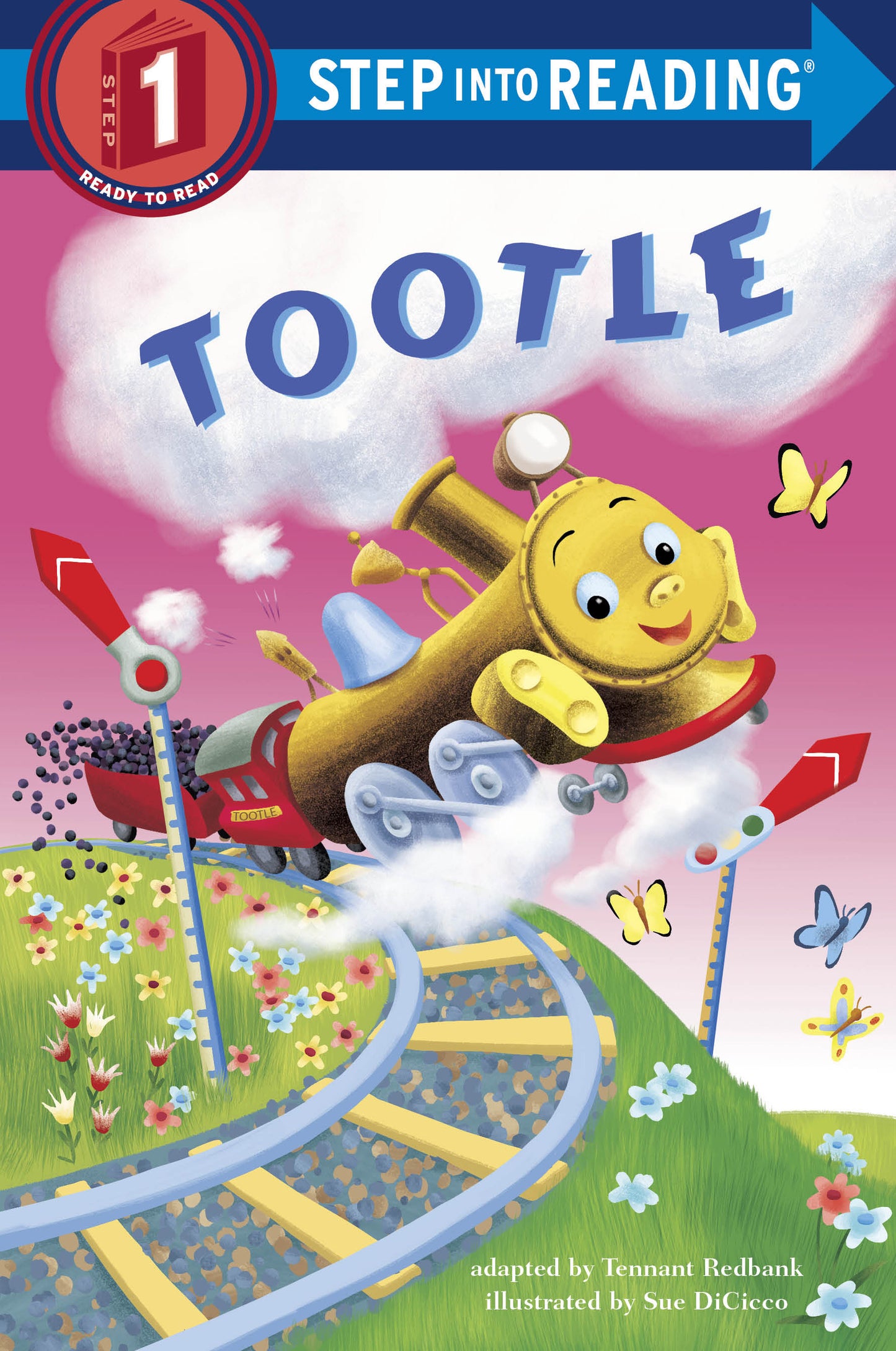 Colorful illustrated children's book cover featuring a cheerful yellow train named Tootle on a winding track