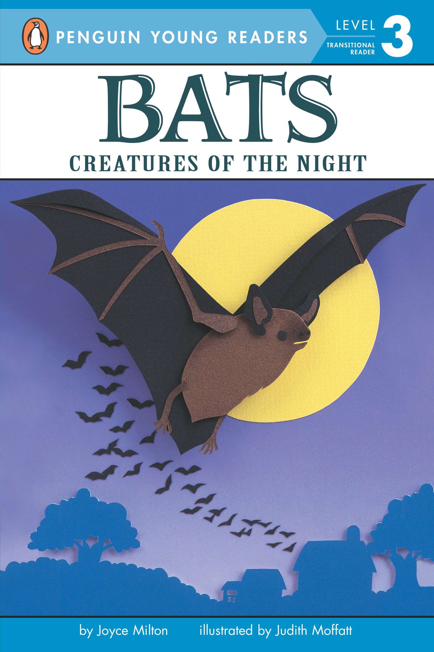 Children's book cover with a paper-style illustration of a bat flying in front of a moon