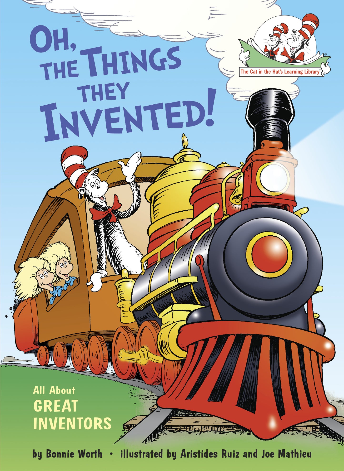 Children's book cover showing Cat in the Hat riding a colorful steam train.