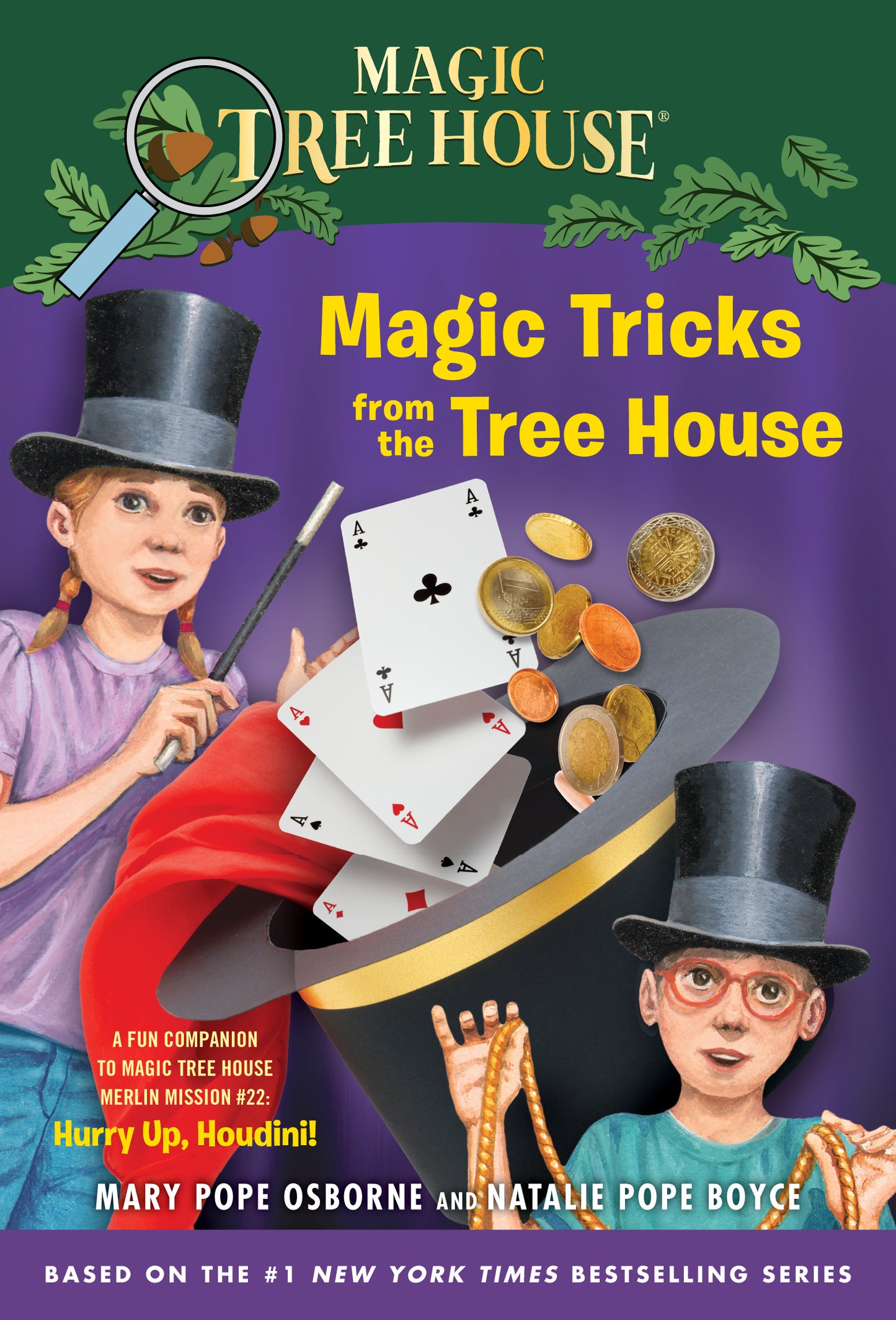Children's magic trick book with illustrated top-hat, cards, and coins on cover