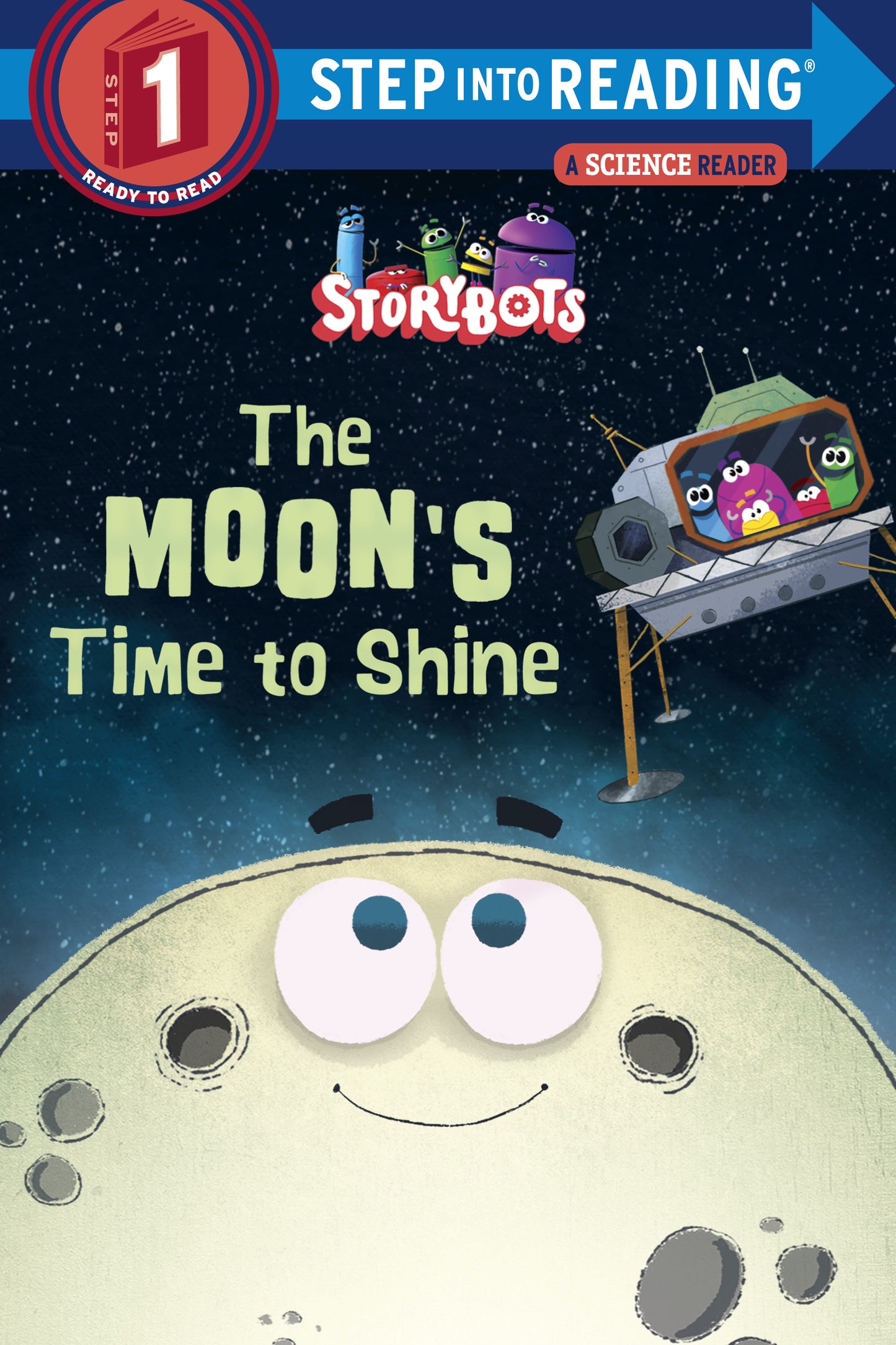 StoryBots Step Into Reading book cover with smiling cartoon moon and spaceship