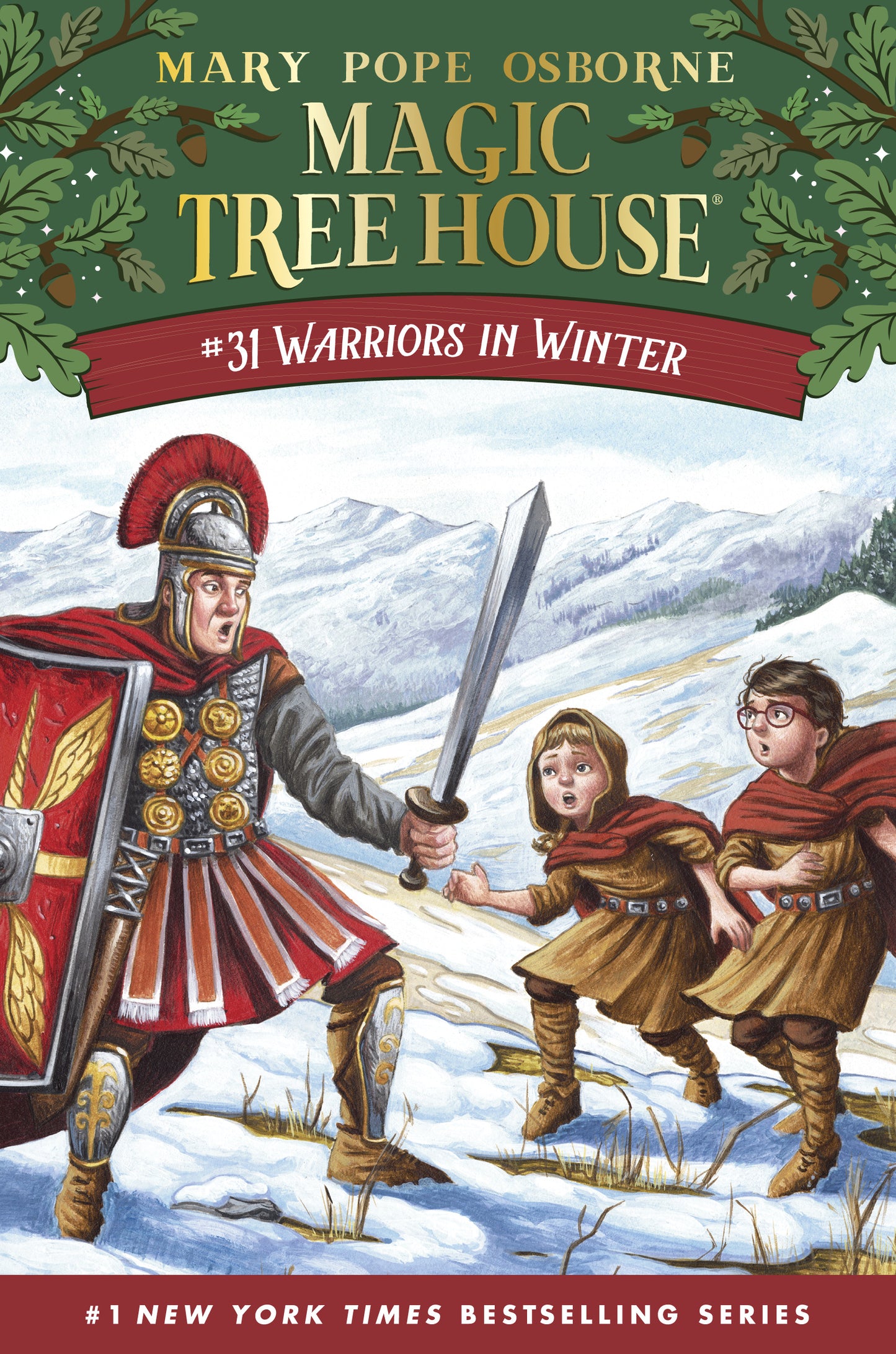 Illustrated children's book cover featuring Roman soldier and two kids in winter forest