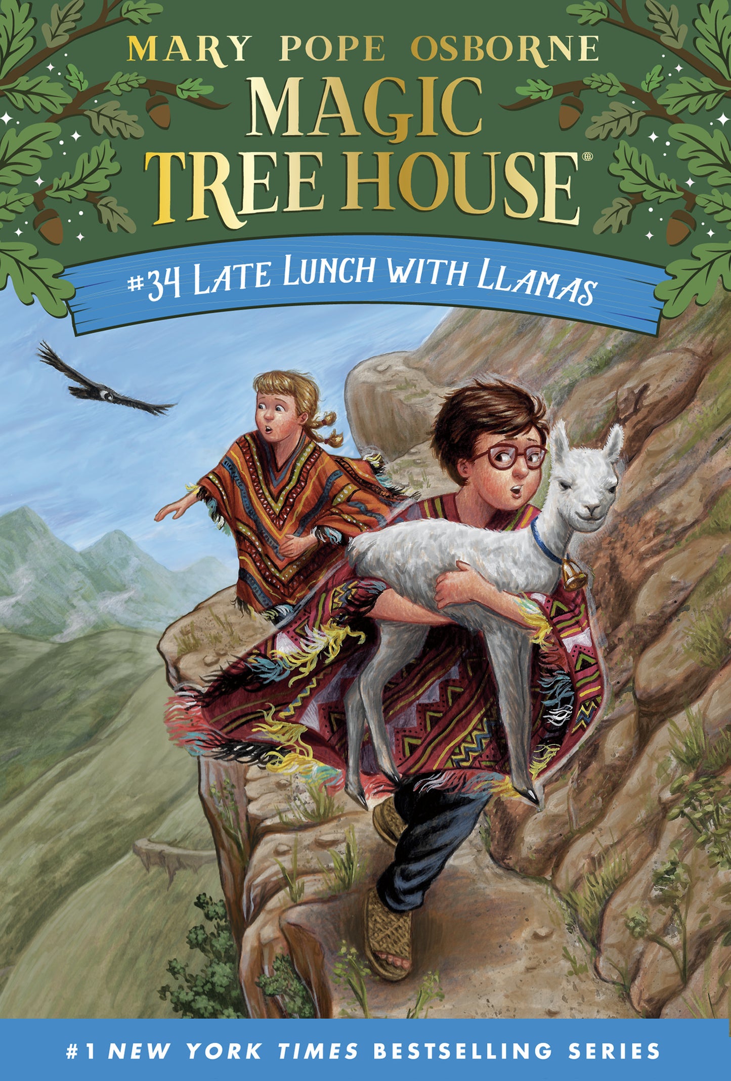 Illustrated children's book cover featuring kids in ponchos carrying a baby llama on a mountain cliff.