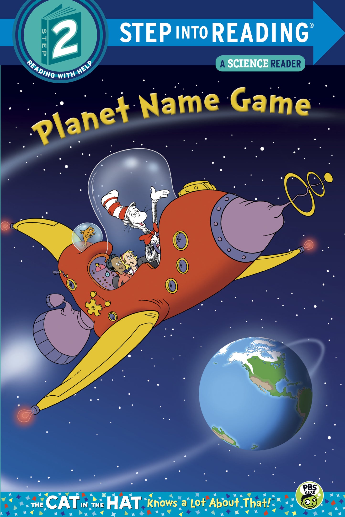 Children's book cover showing Cat in the Hat flying a red rocket ship in space.