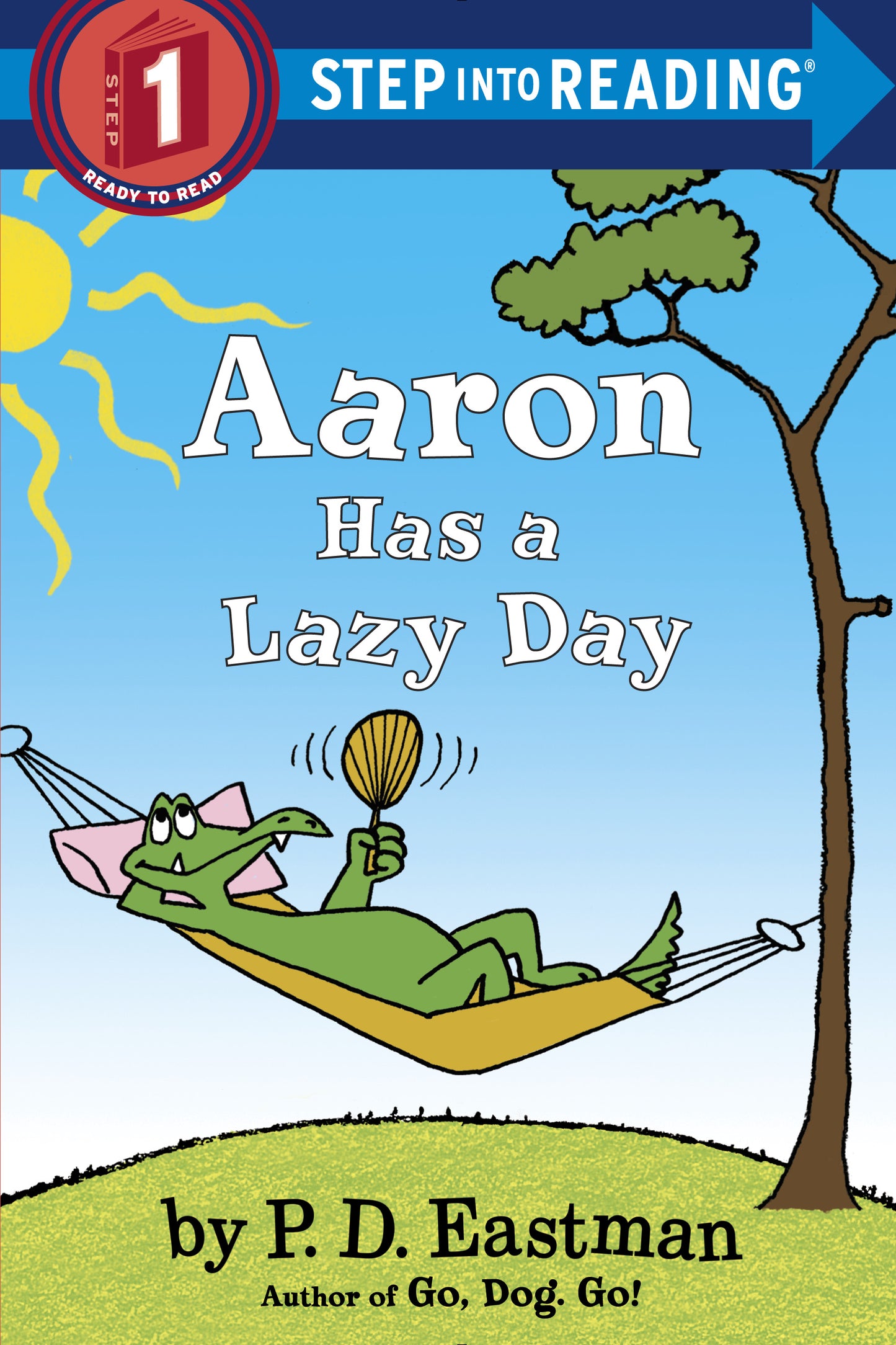 Illustrated children's book cover with green alligator in a hammock under the sun