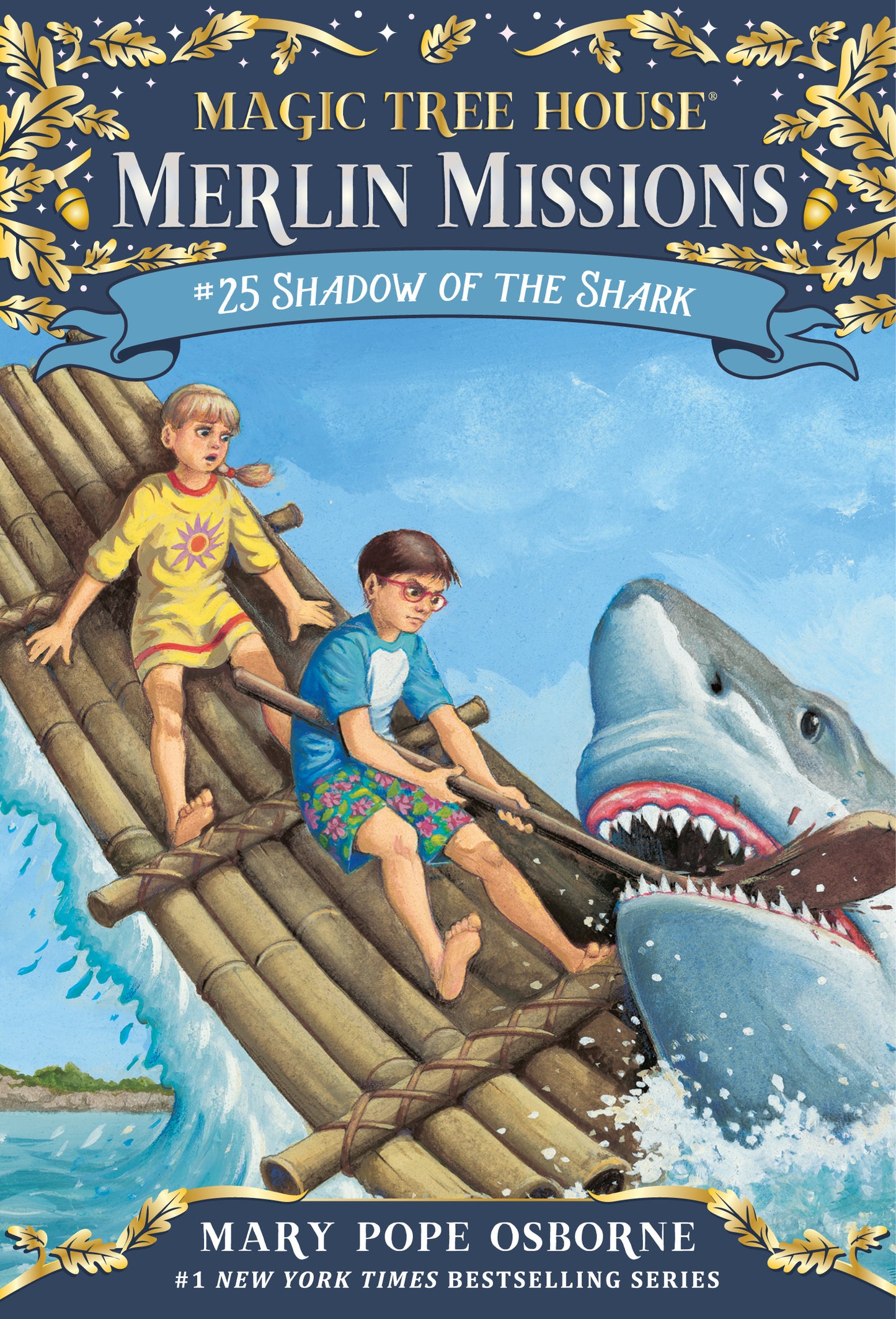 Illustrated cover of children's book showing kids on a raft facing a shark
