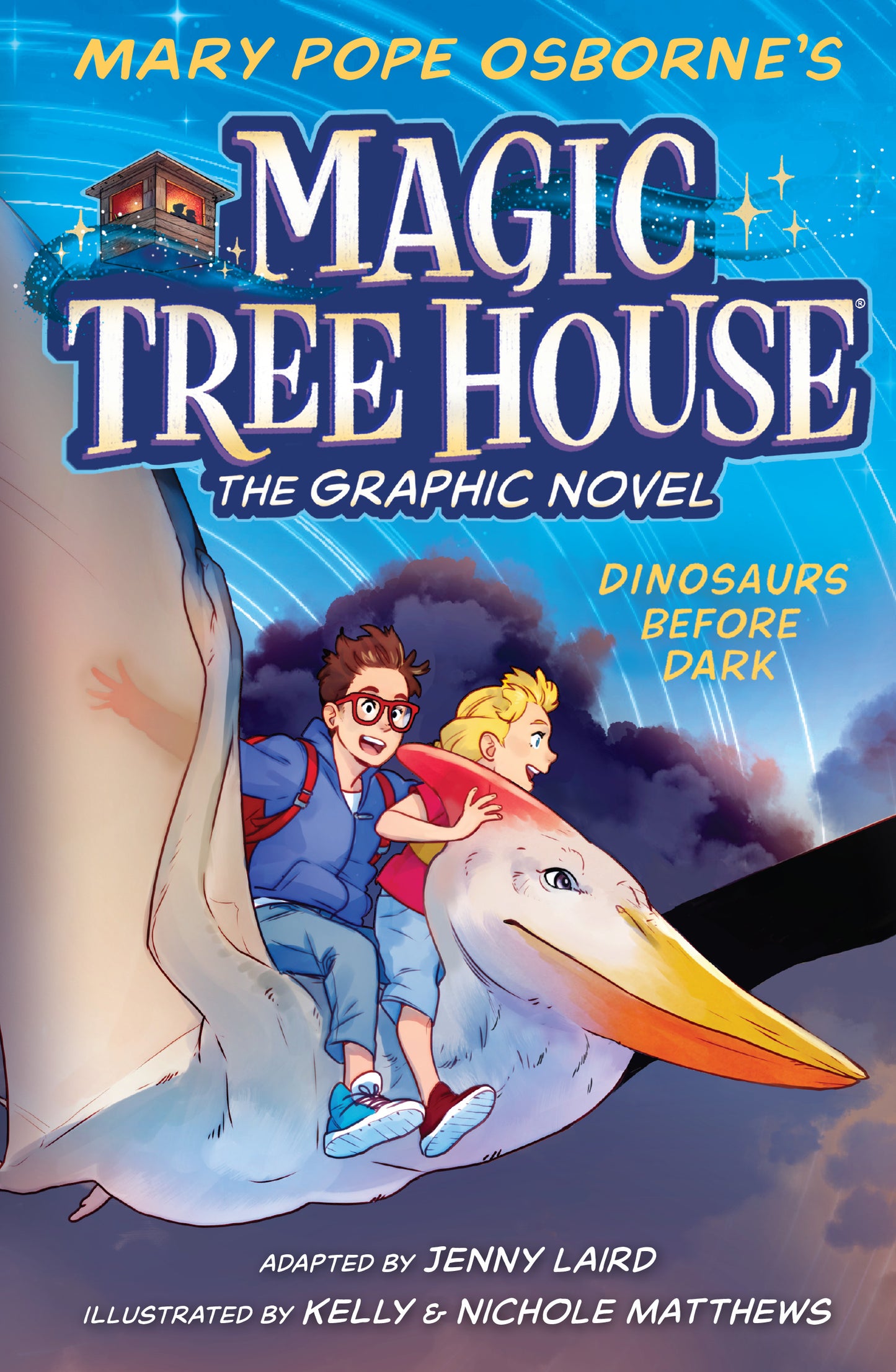 Illustrated book cover of Magic Tree House graphic novel showing two kids riding a pteranodon