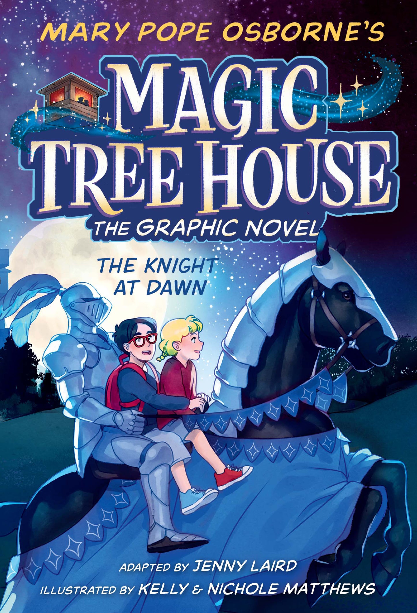 Magic Tree House graphic novel cover showing Jack and Annie on a horse with a knight