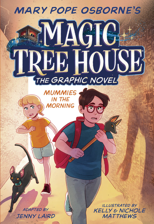 Cover of Magic Tree House graphic novel featuring two children and a black cat in an Egyptian tomb