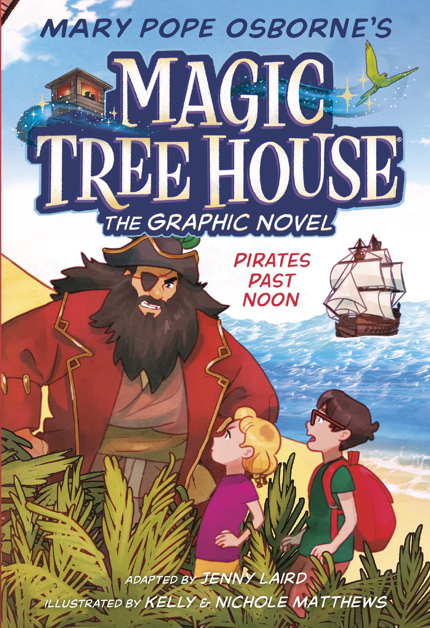 Illustrated cover of a pirate confronting two kids on a beach, with a ship in the background