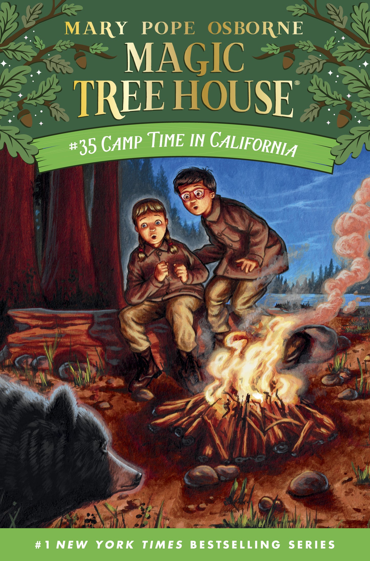 Illustrated children's book cover showing two kids near a campfire with a bear nearby in a forest setting.