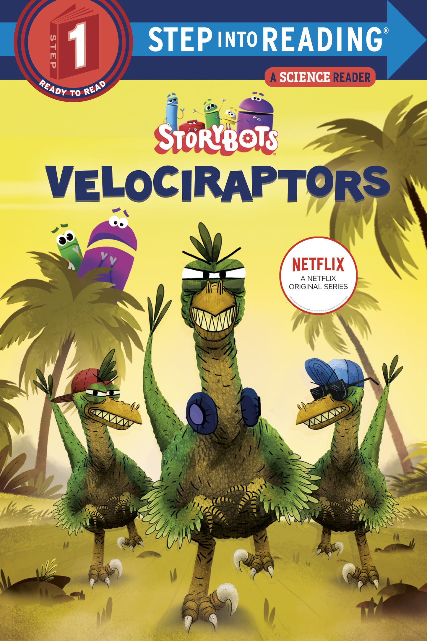 Illustrated rapping velociraptors from StoryBots in a tropical setting