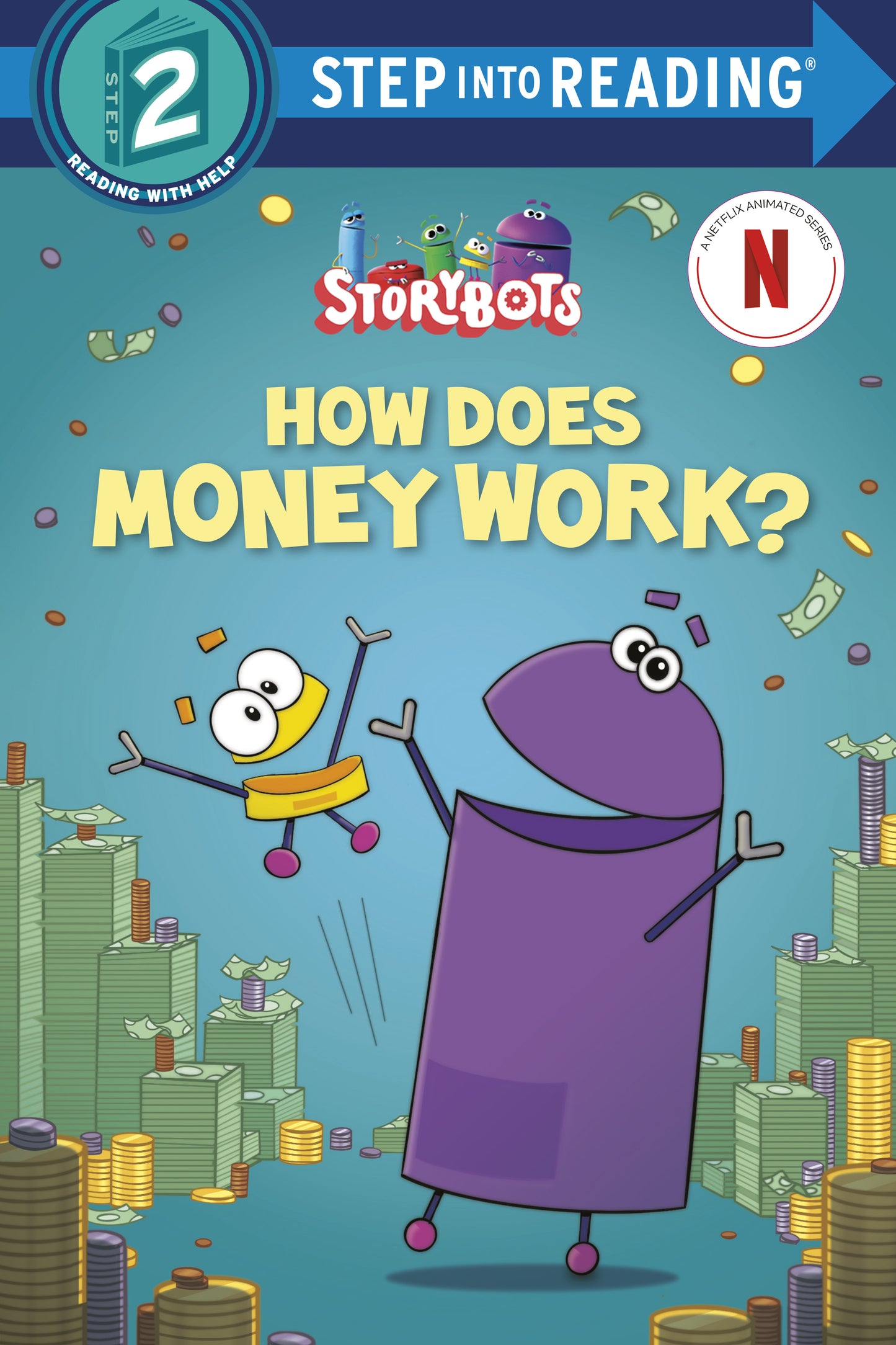 StoryBots characters with stacks of money on a children's book cover