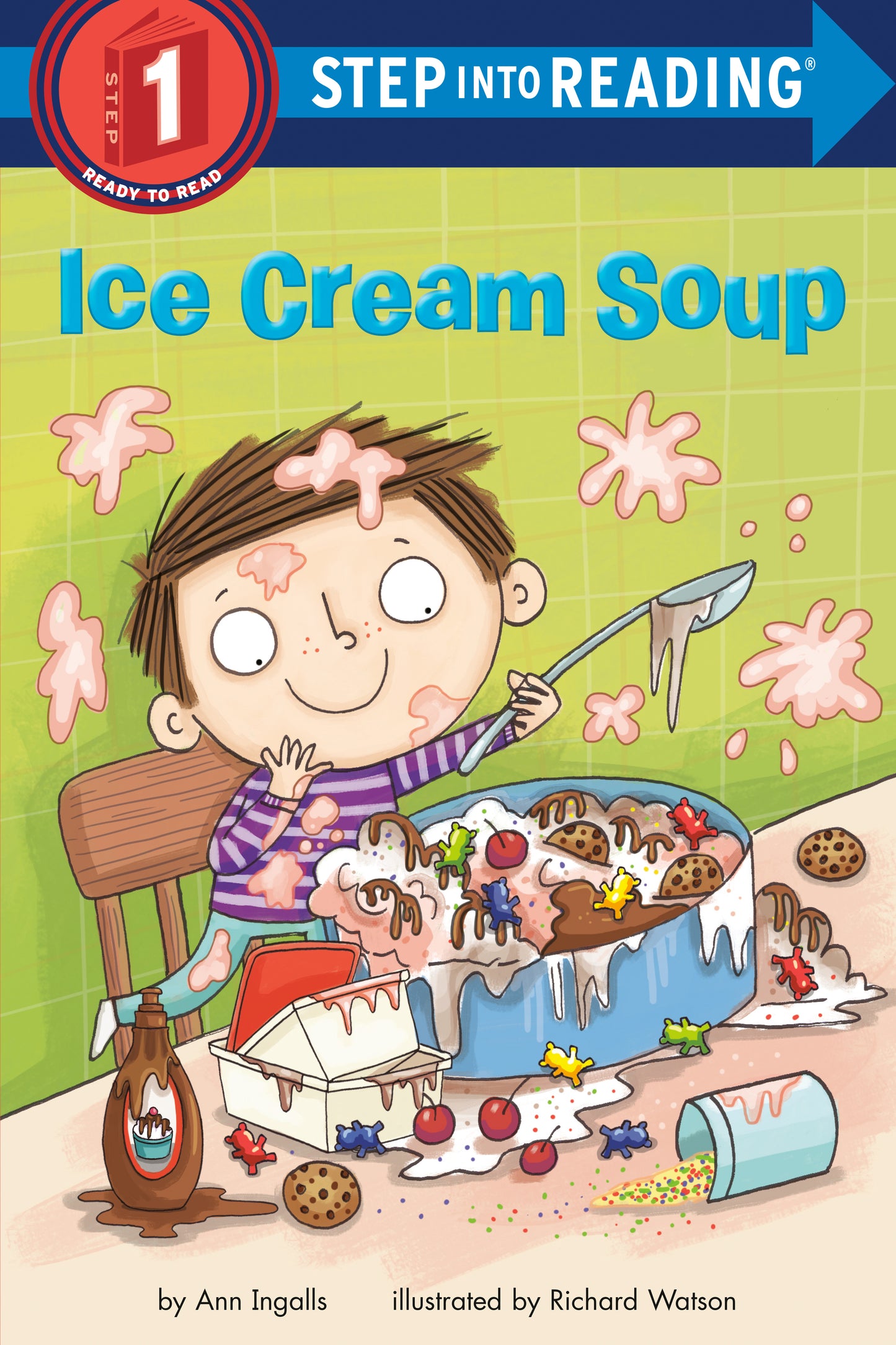 Illustrated children's book cover with a child mixing a messy ice cream cake
