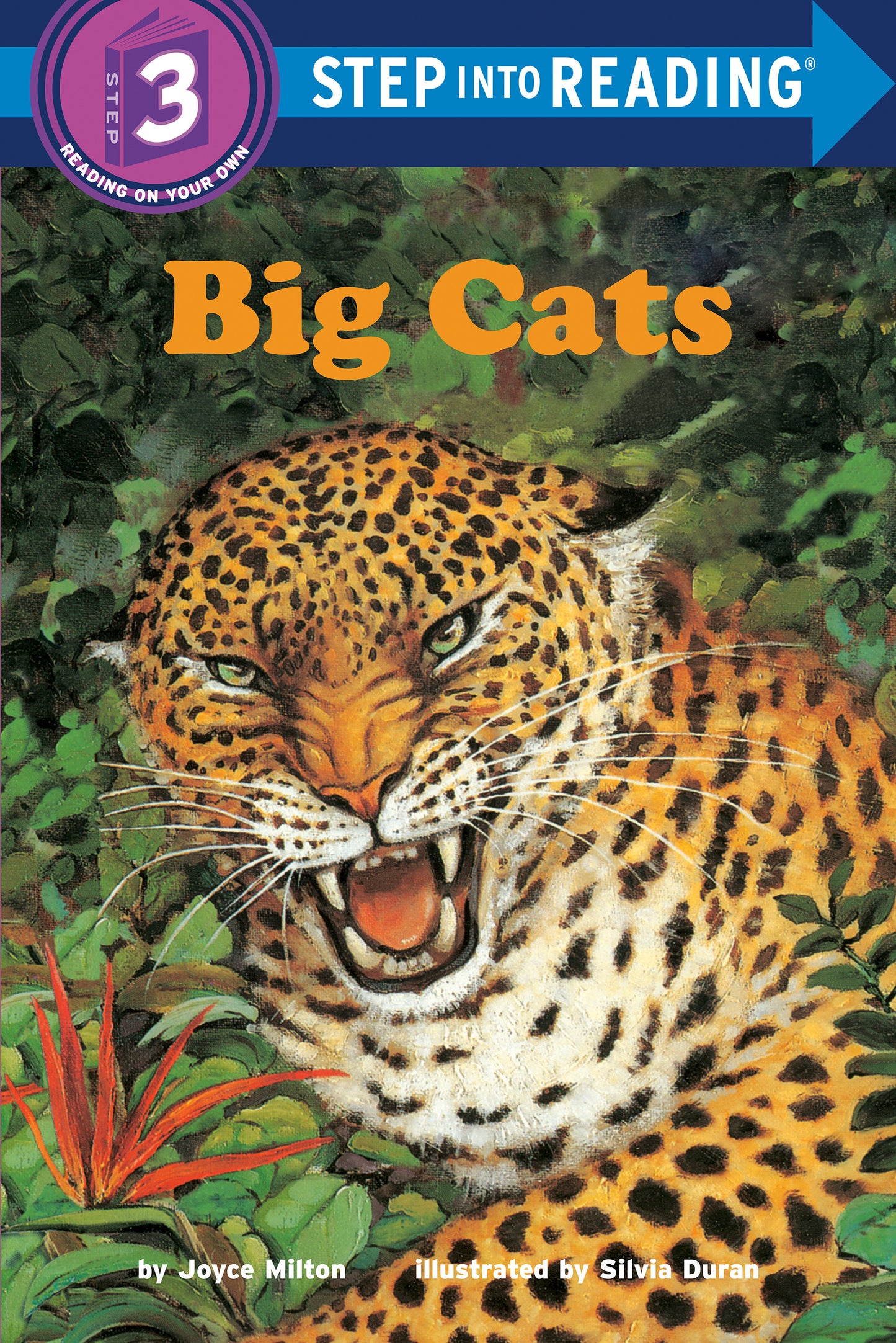 Illustrated children's book cover with a roaring leopard in a jungle setting