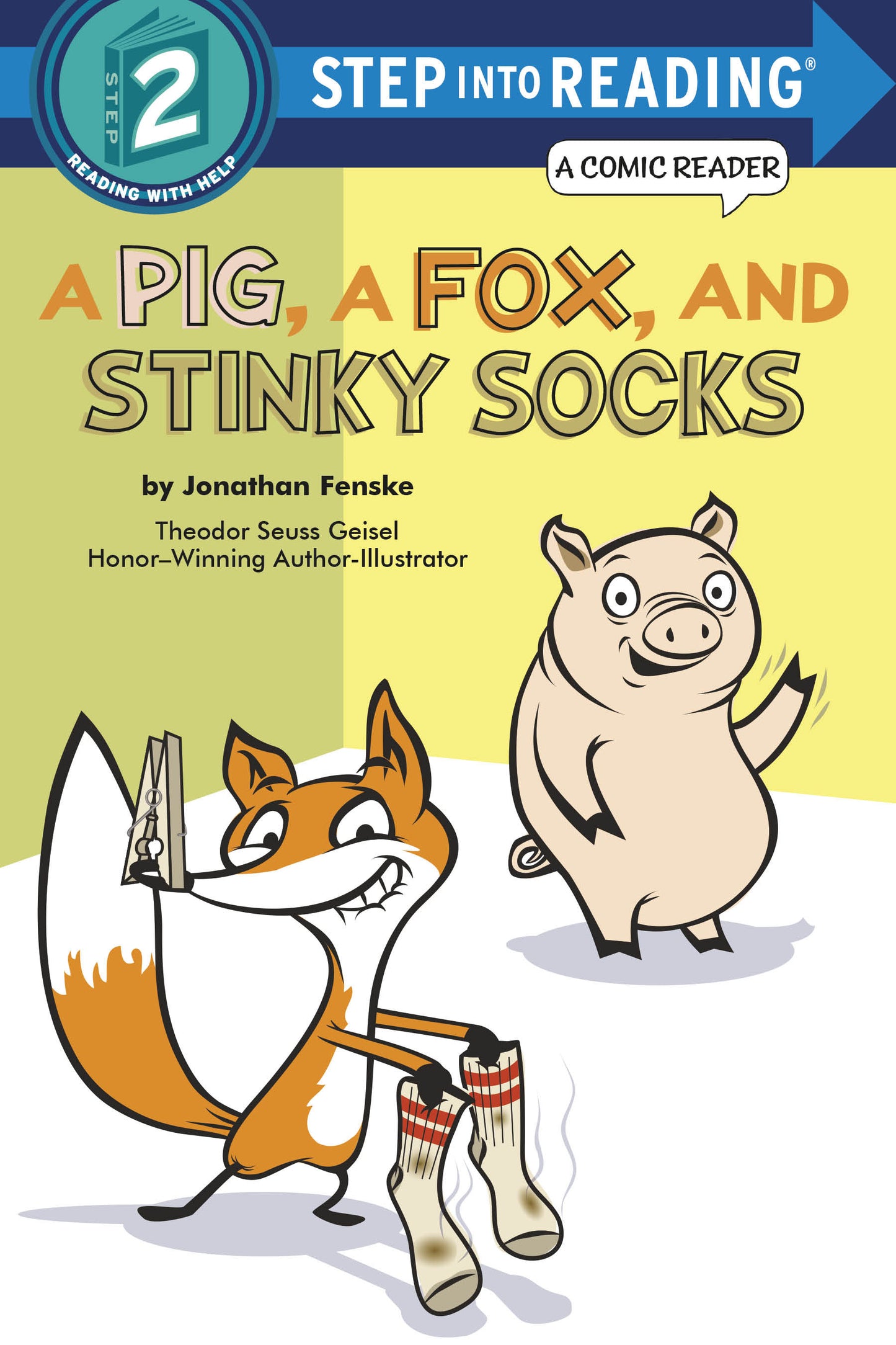 Illustrated children's book cover showing a fox holding stinky socks and a cheerful pig