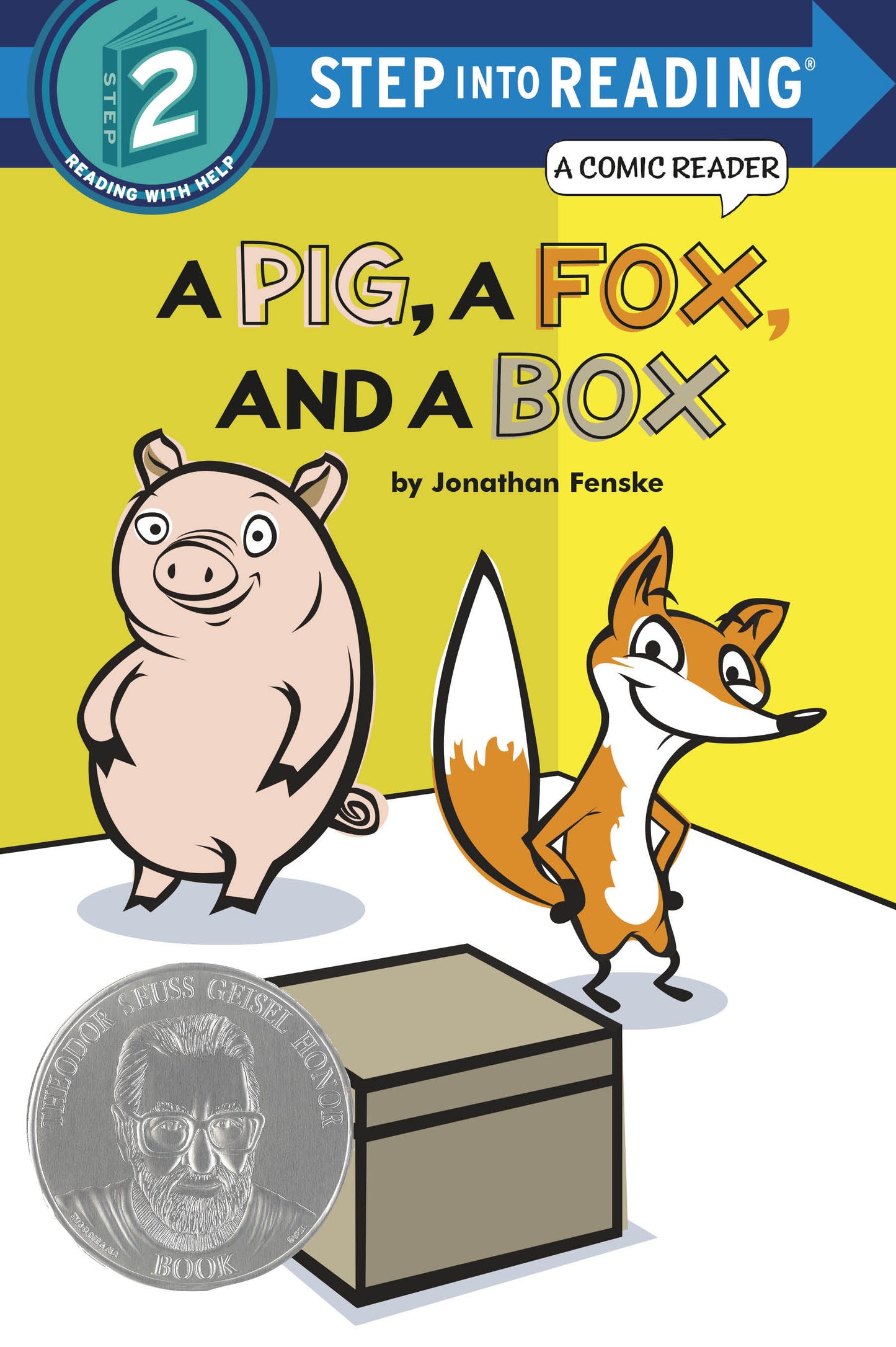 Children's book cover with a cartoon pig, a fox, and a cardboard box