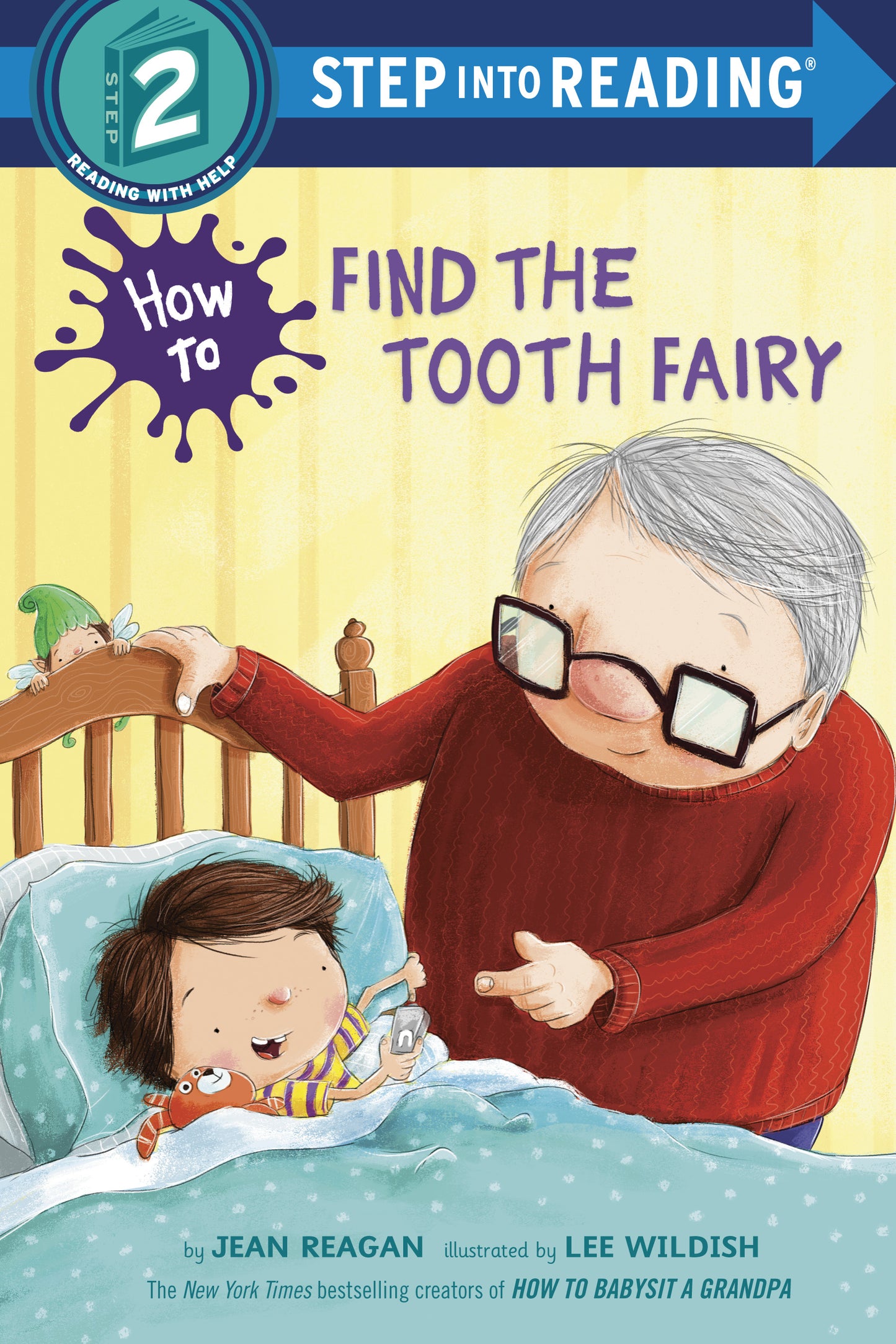 Illustrated children's book cover shows a grandchild in bed with grandpa nearby and a tiny tooth fairy peeking over the bed.