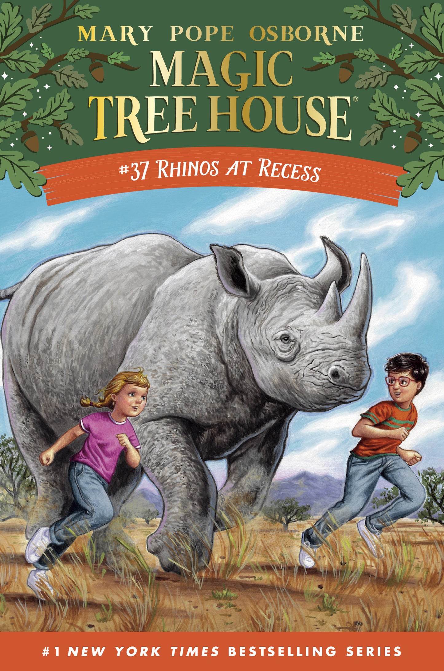 Book cover of Magic Tree House #37 featuring a rhino and two children running