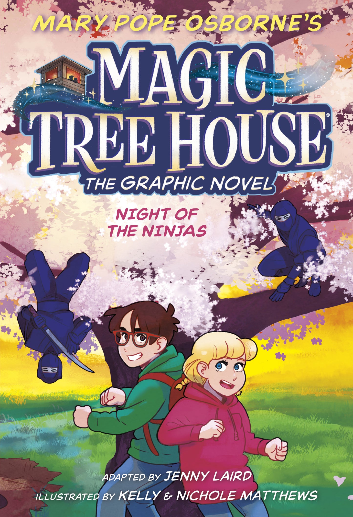 Illustrated cover of Magic Tree House Night of the Ninjas graphic novel showing Jack, Annie, and ninjas under cherry blossoms.