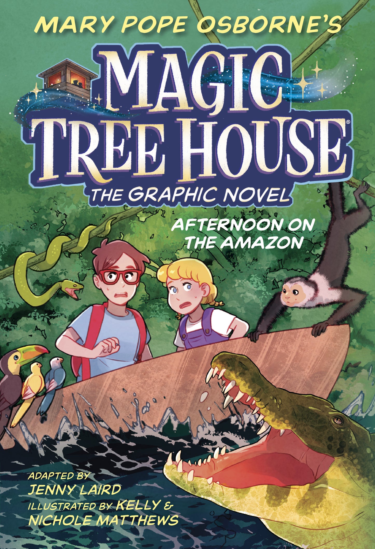 Magic Tree House Amazon adventure graphic novel cover with crocodile and jungle animals