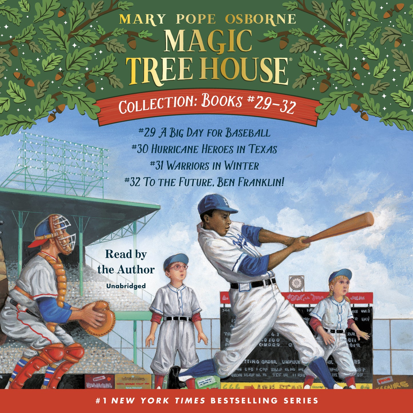 Illustrated cover of Magic Tree House Collection books 29–32 featuring a baseball scene with children and players.