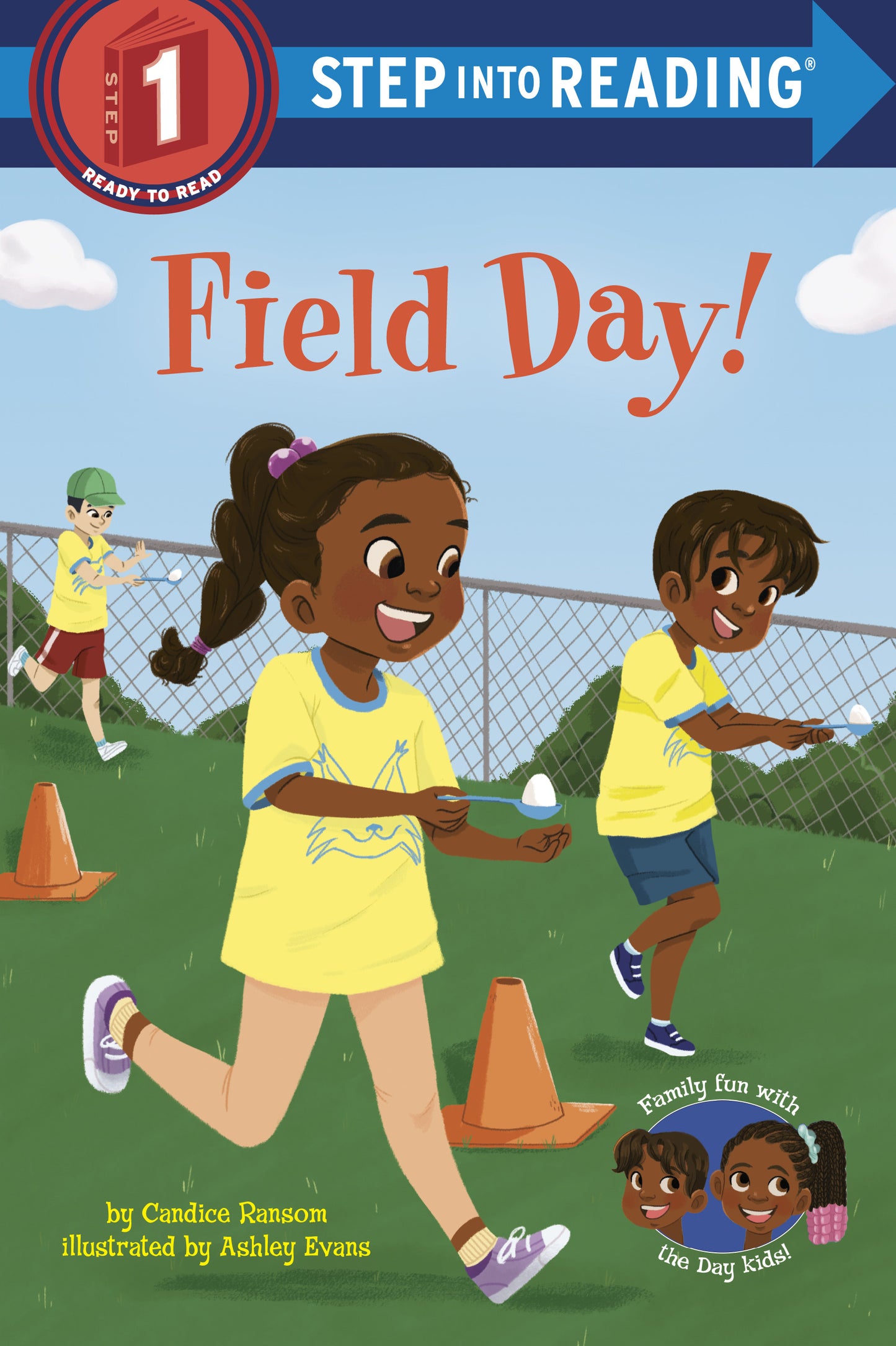 Illustrated children's book cover with kids playing field games outdoors