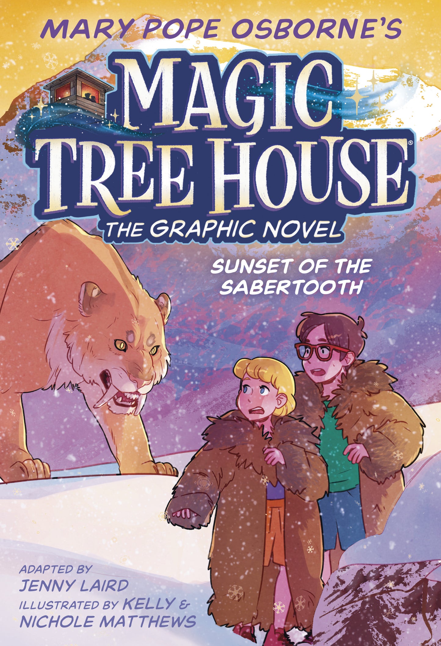 Illustrated cover of Magic Tree House graphic novel featuring Jack, Annie, and a sabertooth tiger in a snowy Ice Age setting