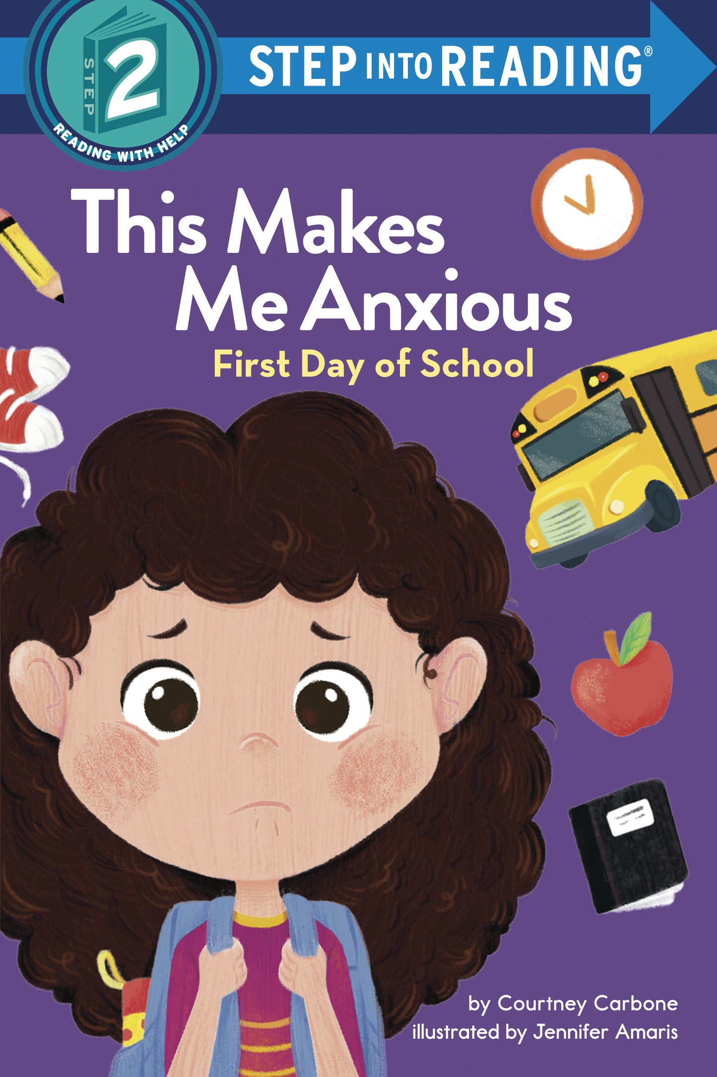 Illustrated children's book cover showing a worried girl with curly hair and school-themed drawings